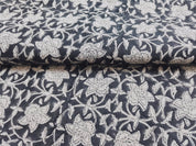 Chudamani Black Hand Block Print Fabric   Natural Linen For Homedecor And Furnishing,Grey Flower Vine Pattern, Linen Cushion Upholstery