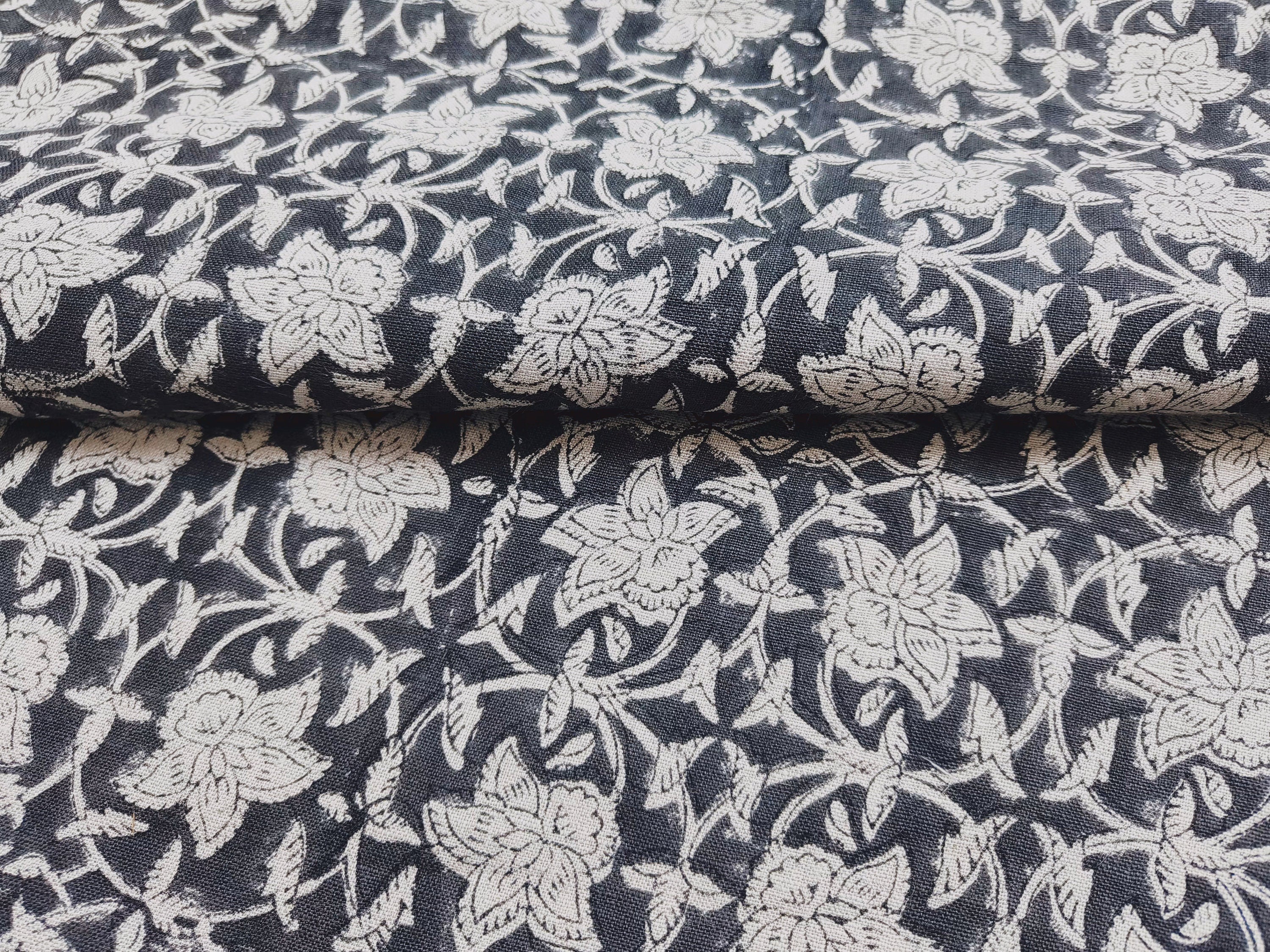 Chudamani Black Hand Block Print Fabric   Natural Linen For Homedecor And Furnishing,Grey Flower Vine Pattern, Linen Cushion Upholstery