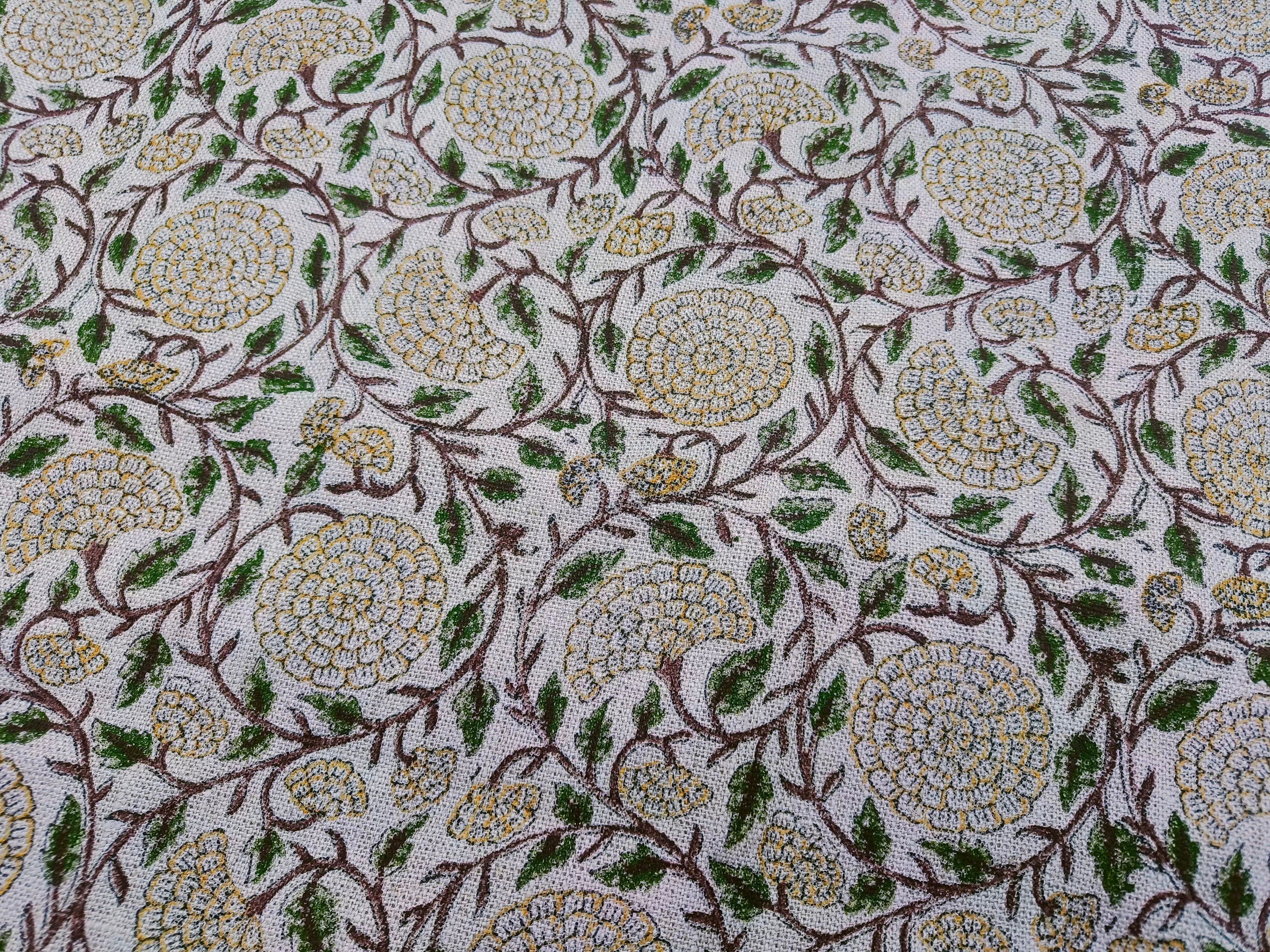 Block Print Linen Fabric, Karwachauth Green Floral Vine Block Print Linen Fabric. Fabric For Cushion, Pillow, Upholstery And Curtains, Also Available Duck Canvas