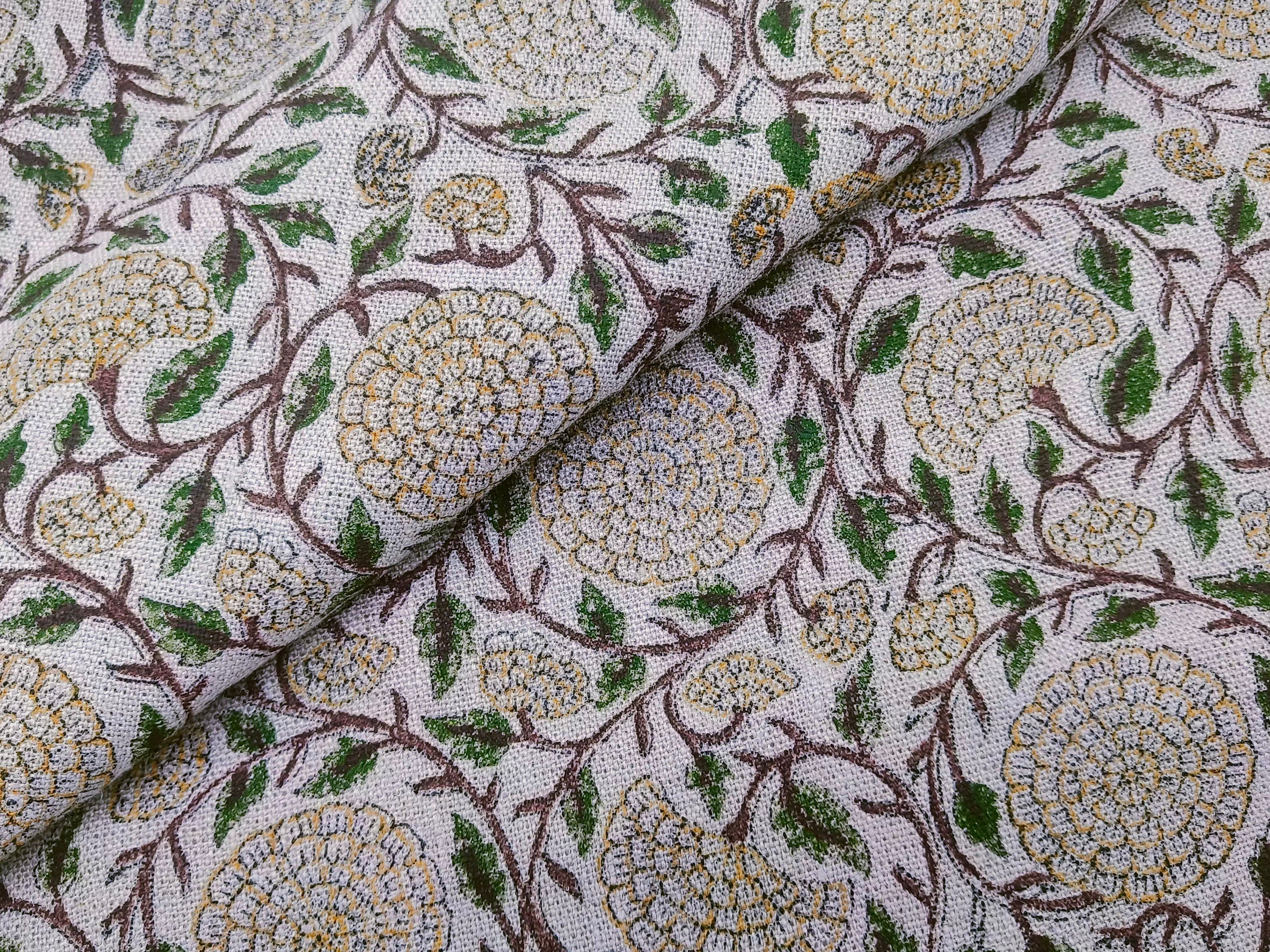 Block Print Linen Fabric, Karwachauth Green Floral Vine Block Print Linen Fabric. Fabric For Cushion, Pillow, Upholstery And Curtains, Also Available Duck Canvas