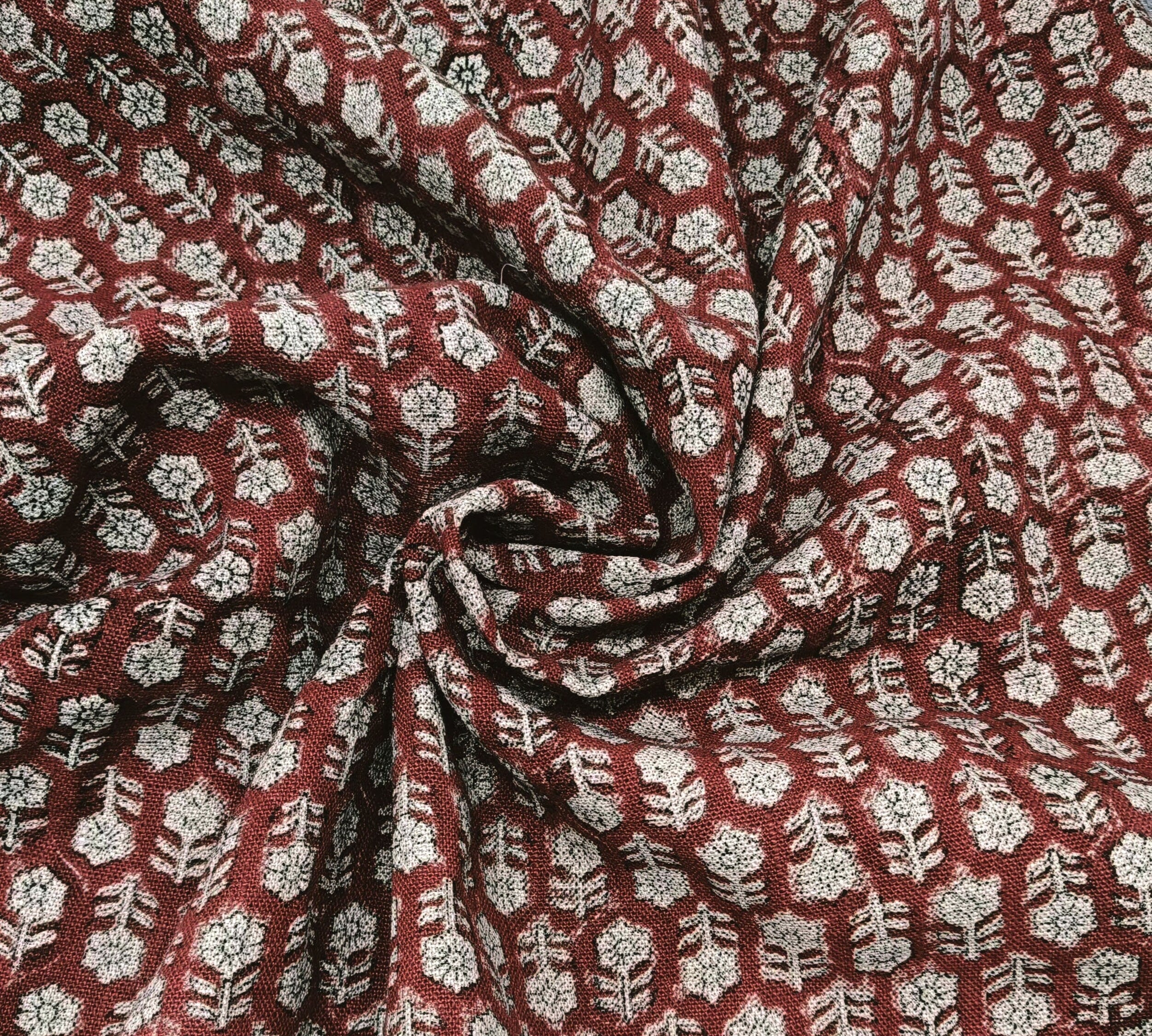 Block Print Linen Fabric, Tulsi Booti Reddish Brown Floral Block Print Linen Fabric, Fabric By The Yard, Pillow Cushion Upholster Home Decor Fabric