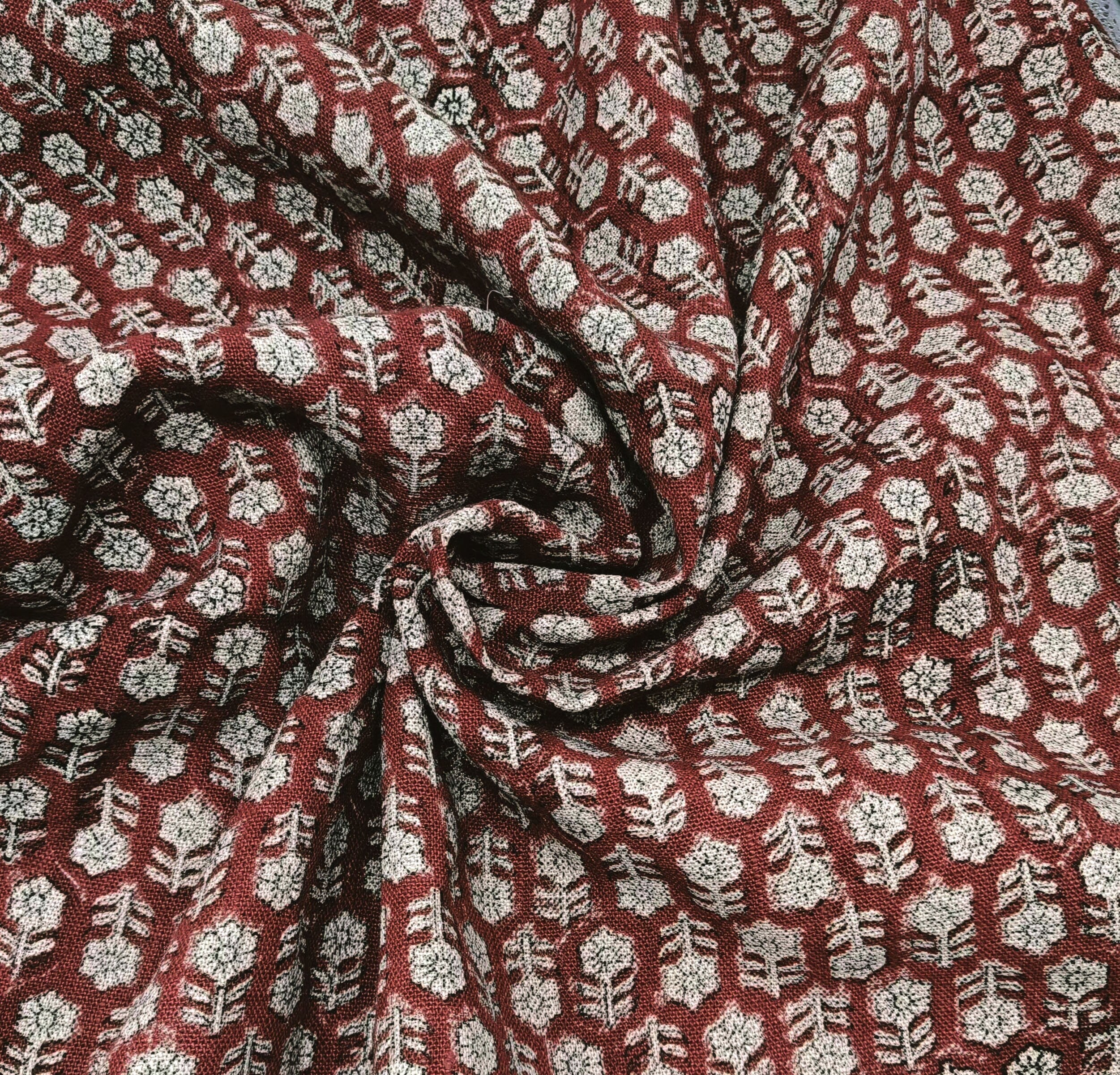 Block Print Linen Fabric, Tulsi Booti Reddish Brown Floral Block Print Linen Fabric, Fabric By The Yard, Pillow Cushion Upholster Home Decor Fabric