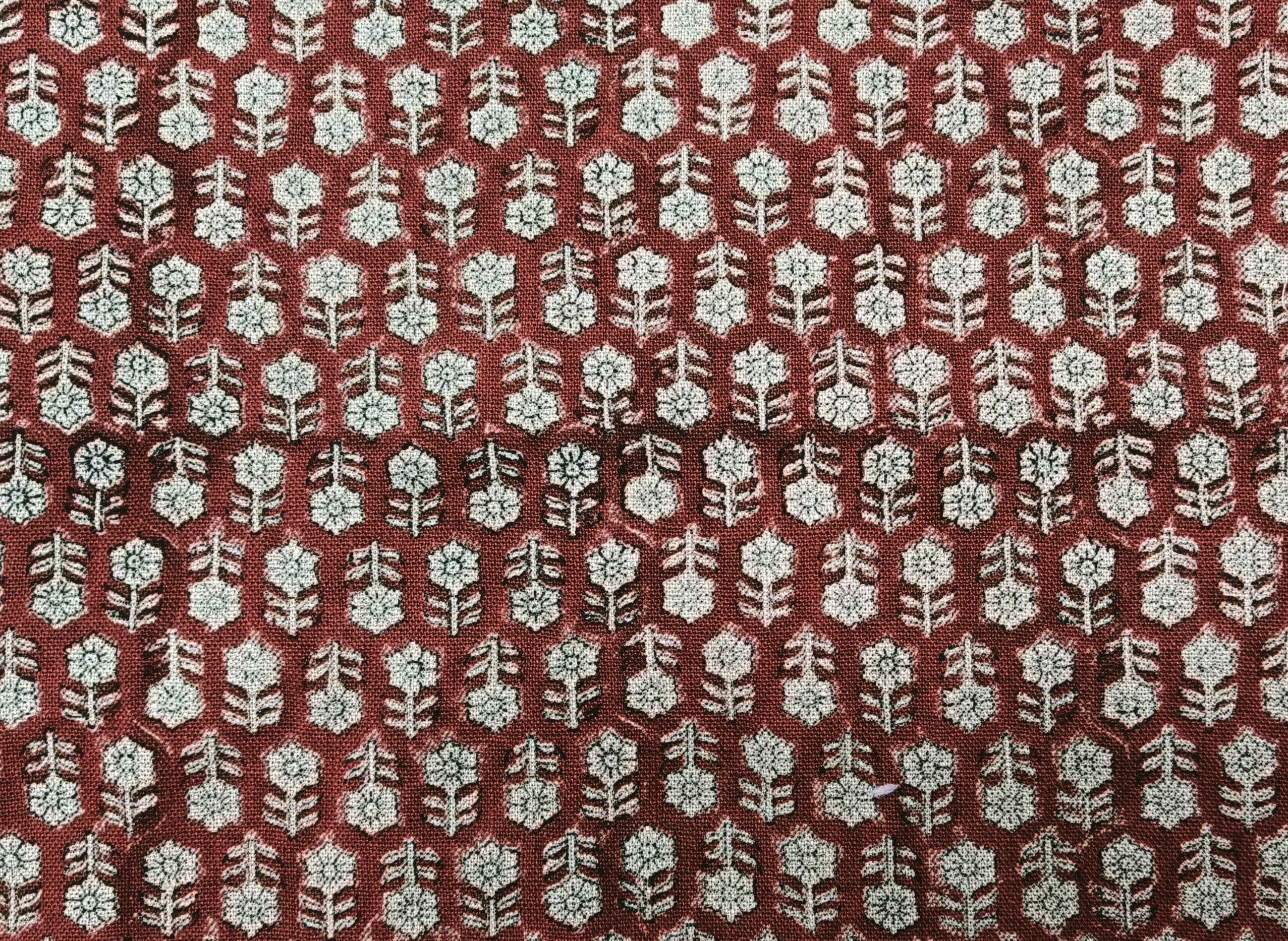 Block Print Linen Fabric, Tulsi Booti Reddish Brown Floral Block Print Linen Fabric, Fabric By The Yard, Pillow Cushion Upholster Home Decor Fabric