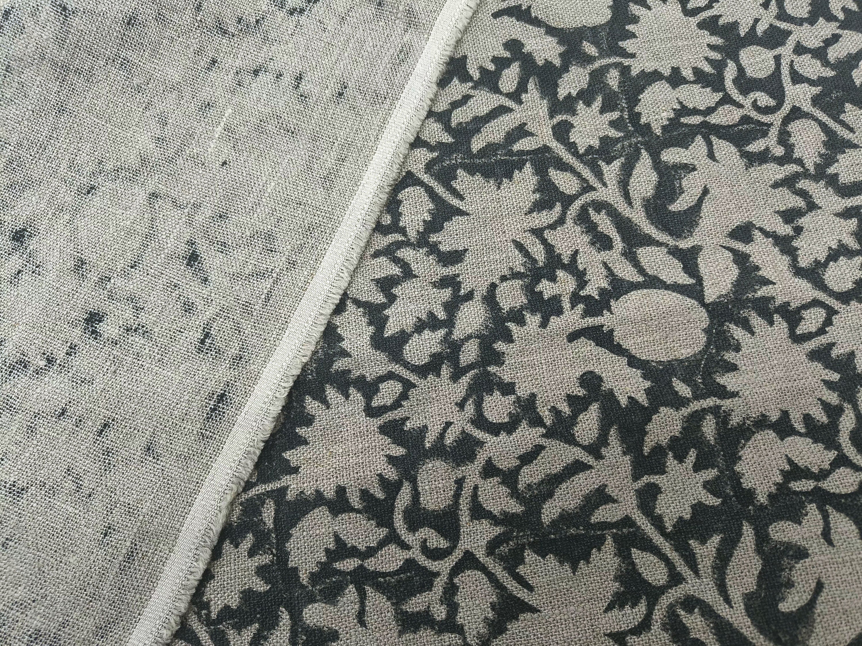 Block Print Linen Fabric, Manikarnika  Dark Rock Garden Green Floral Block Print Linen Fabric, Cushion Pillow Upholstery Fabric, Home Decor