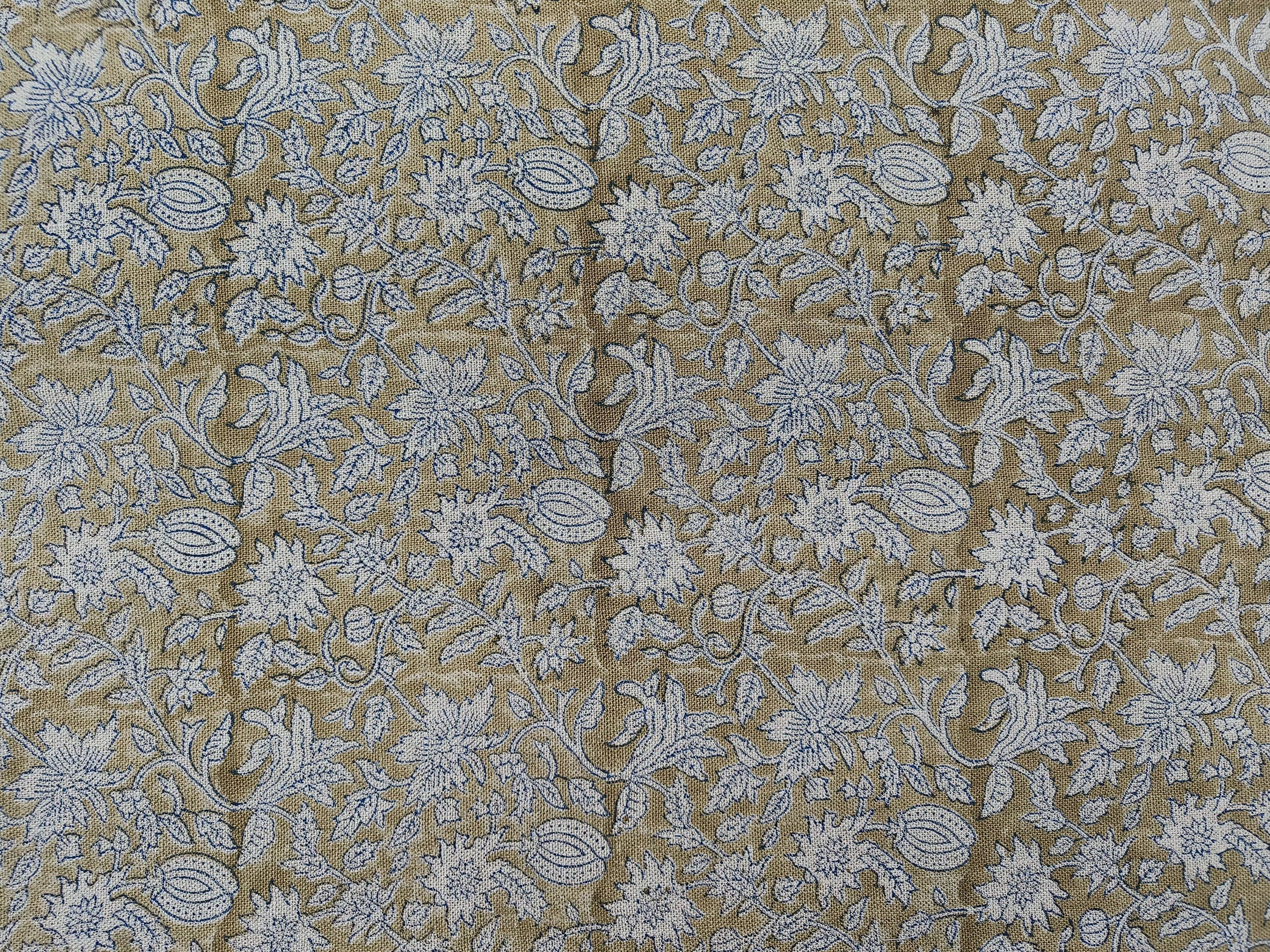 Block Print Linen Fabric, Manikarnika Sand Brown Color, Blue Color Block Print Linen Fabric For Cushion Cover And Sofa Upholstery, Thick Linen 360Gsm, Pillow Cover