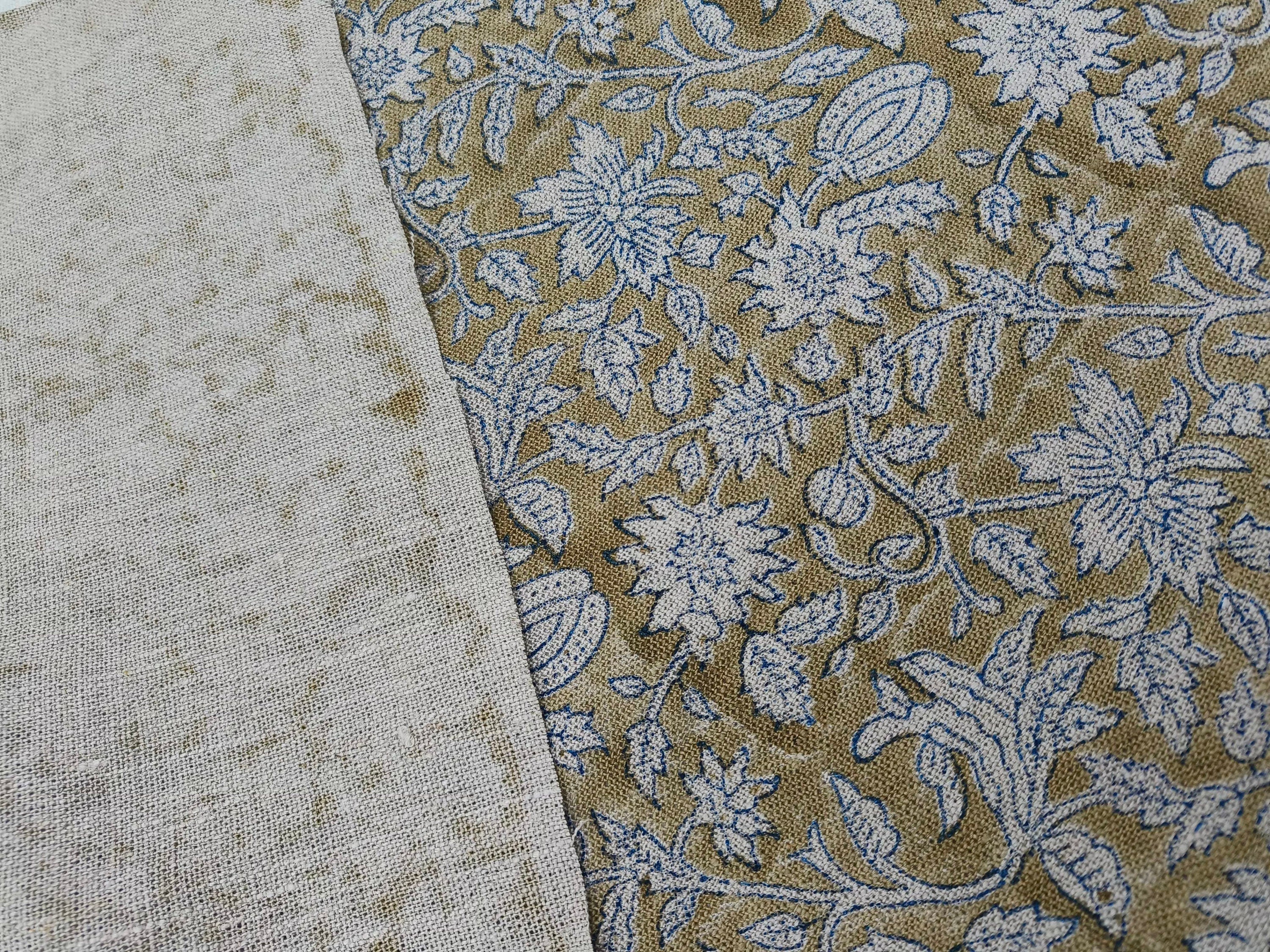 Block Print Linen Fabric, Manikarnika Sand Brown Color, Blue Color Block Print Linen Fabric For Cushion Cover And Sofa Upholstery, Thick Linen 360Gsm, Pillow Cover