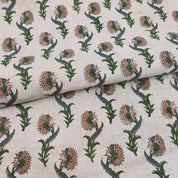 Daffodil Flower  Green Brown Floral Block Print Linen Fabric, Fabric By The Yard, Cushion Pillow, Upholstery Curtain Home Decor Fabric