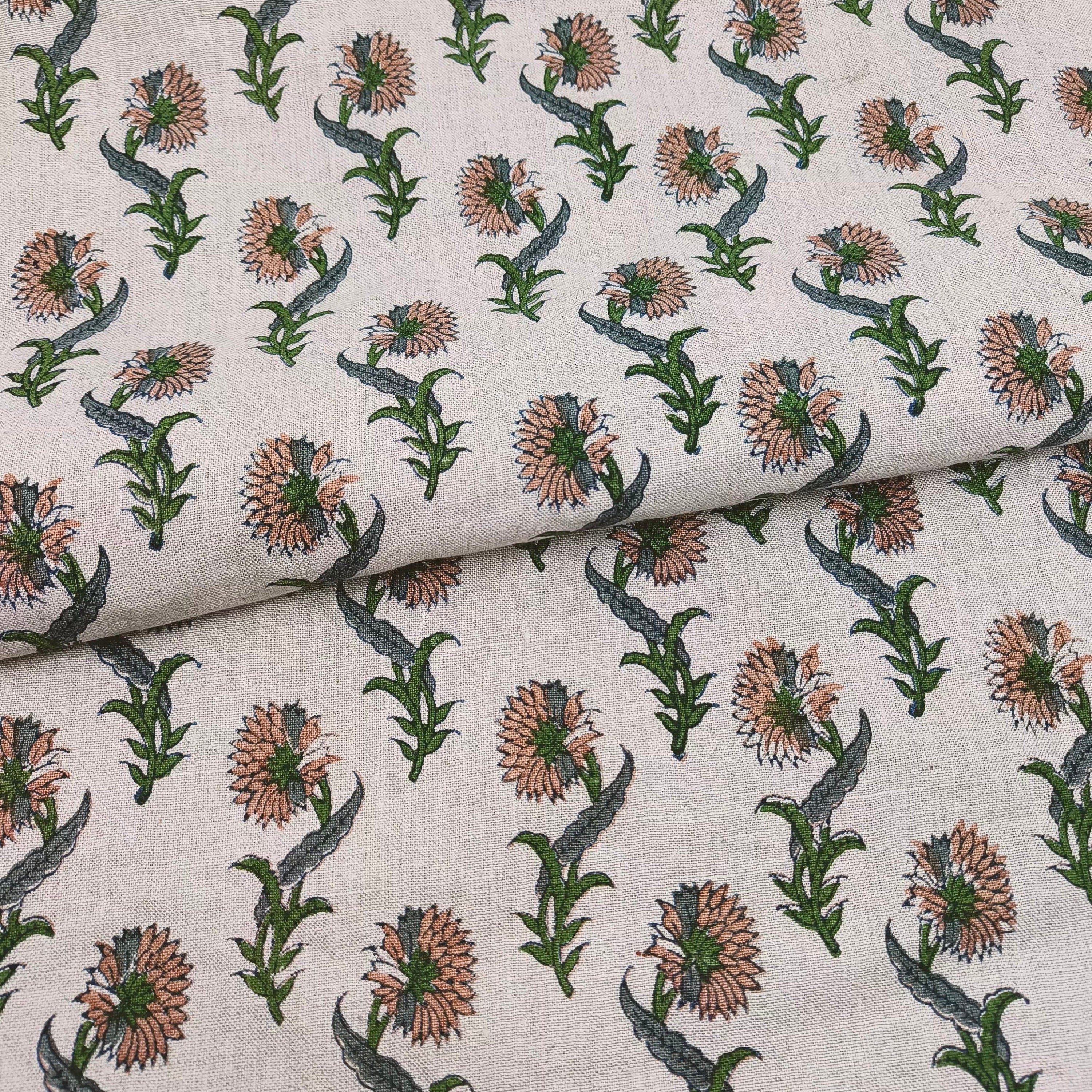 Daffodil Flower  Green Brown Floral Block Print Linen Fabric, Fabric By The Yard, Cushion Pillow, Upholstery Curtain Home Decor Fabric