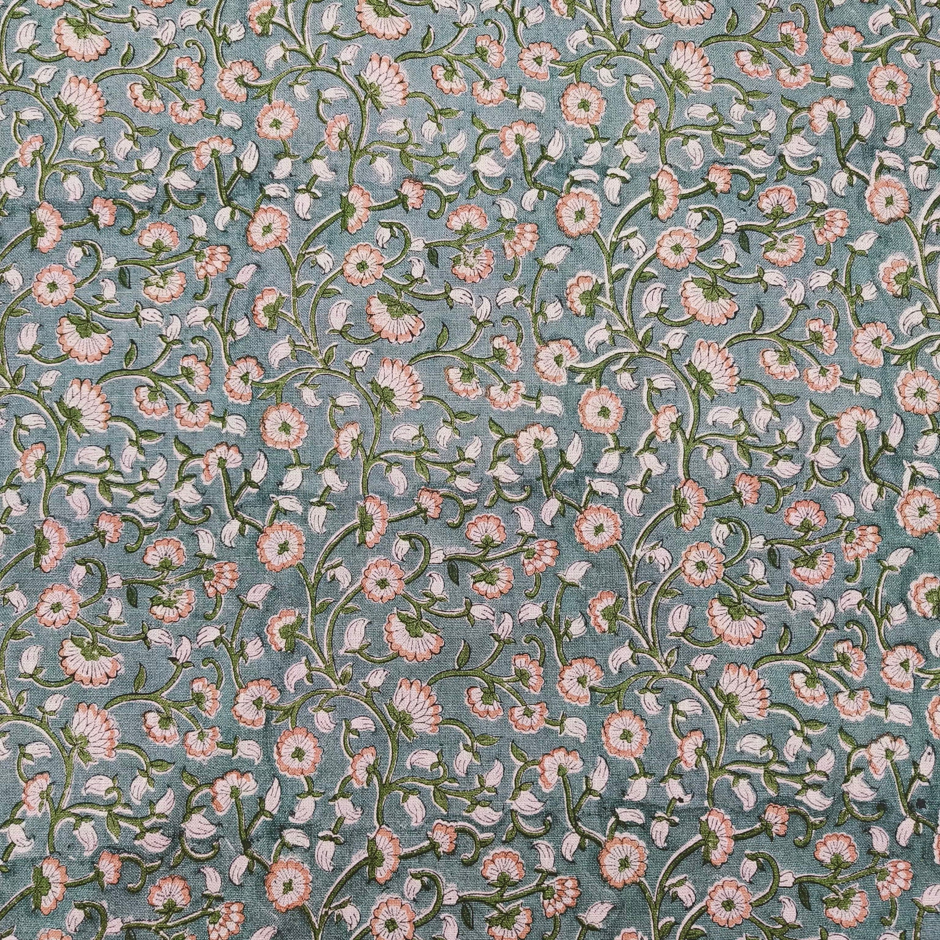 Himachal  Gray Green Floral Block Print Linen Fabric, Linen Cotton By The Yard, Cushion Pillow, Upholstery Home Decor Fabric