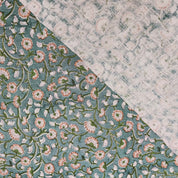 Himachal  Gray Green Floral Block Print Linen Fabric, Linen Cotton By The Yard, Cushion Pillow, Upholstery Home Decor Fabric