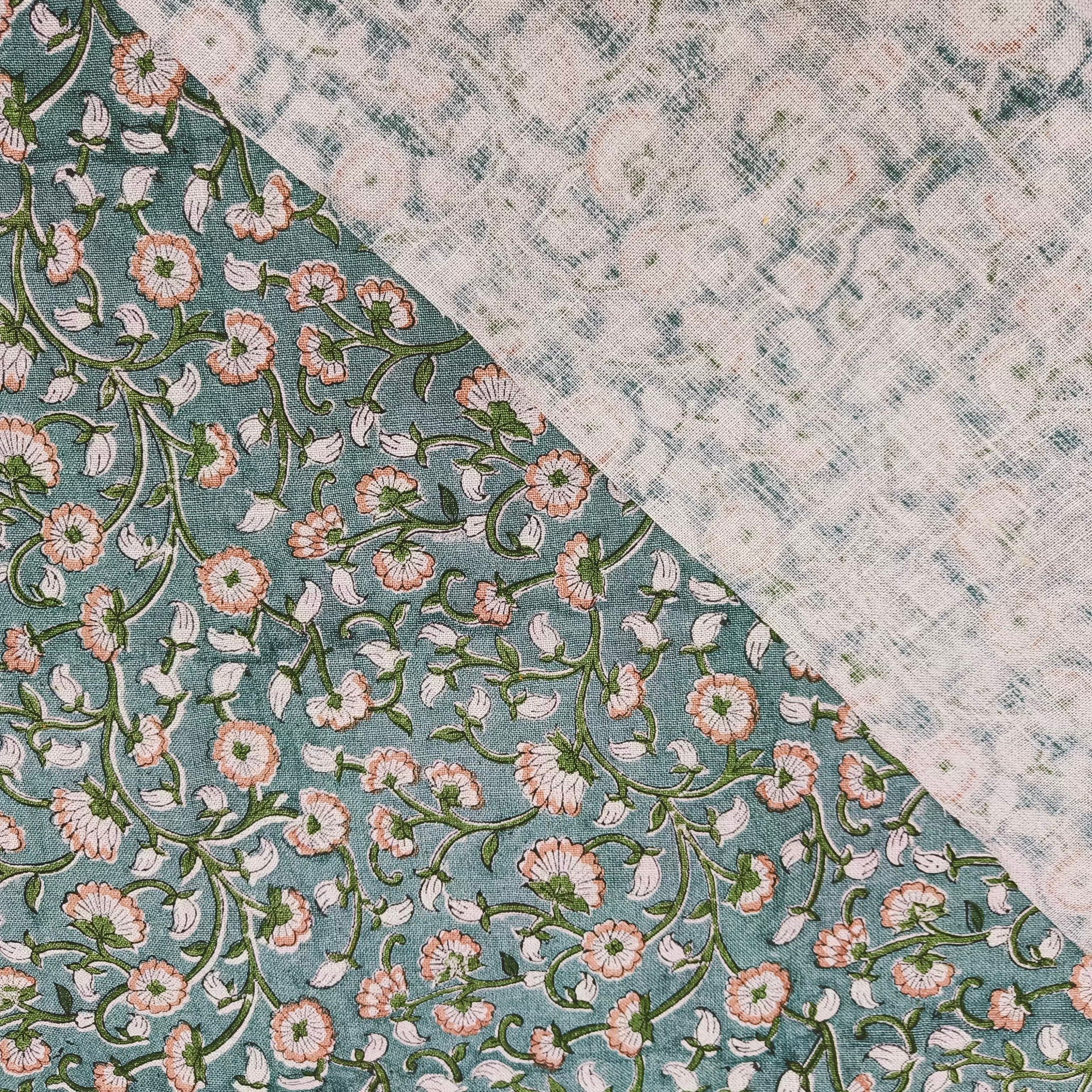 Himachal  Gray Green Floral Block Print Linen Fabric, Linen Cotton By The Yard, Cushion Pillow, Upholstery Home Decor Fabric