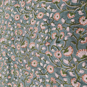 Himachal  Gray Green Floral Block Print Linen Fabric, Linen Cotton By The Yard, Cushion Pillow, Upholstery Home Decor Fabric