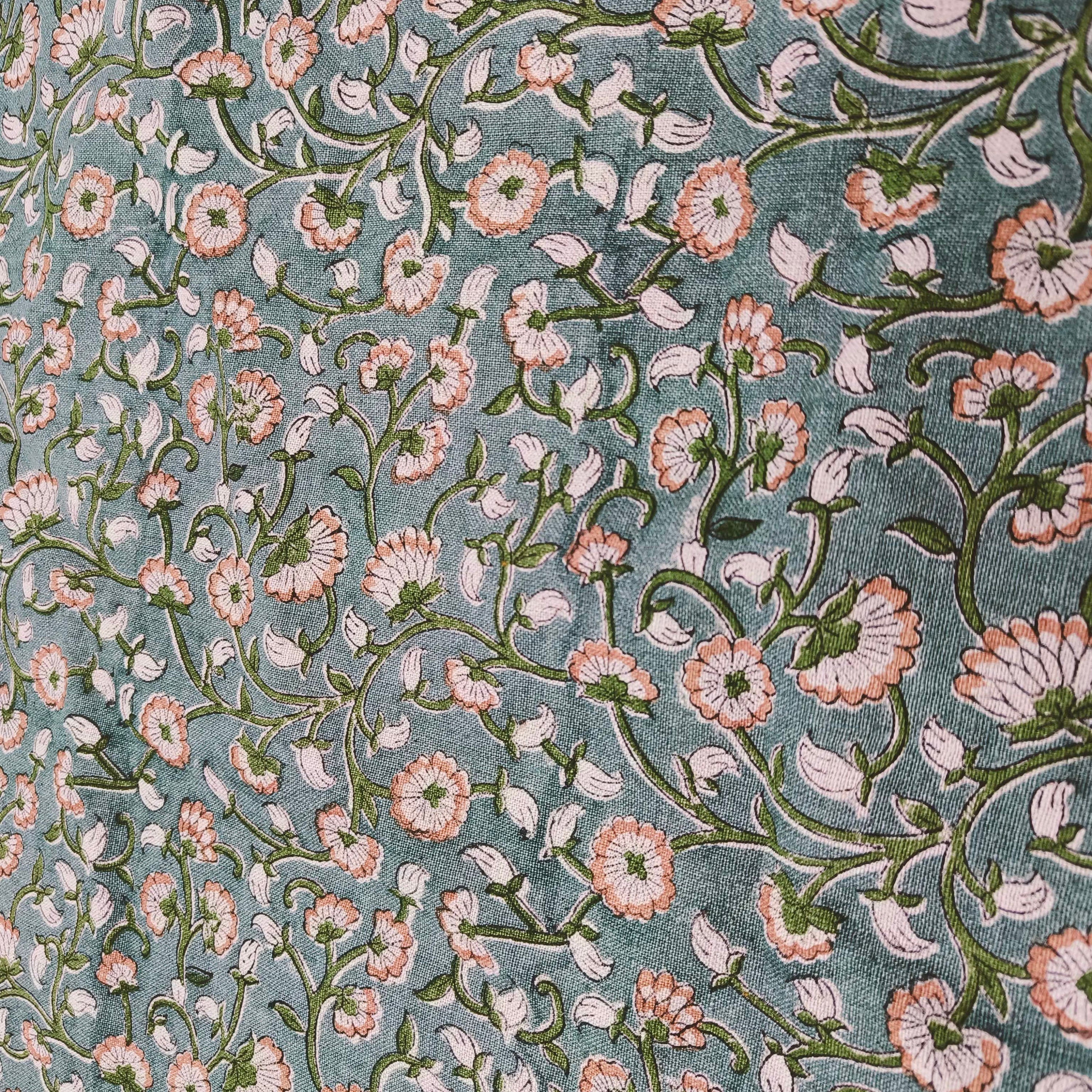 Himachal  Gray Green Floral Block Print Linen Fabric, Linen Cotton By The Yard, Cushion Pillow, Upholstery Home Decor Fabric
