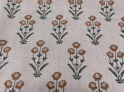 Amitabh Boota  Brown Floral Hand Block Print Linen, Designer Pillow Cushion Fabric, Modern Home Decor