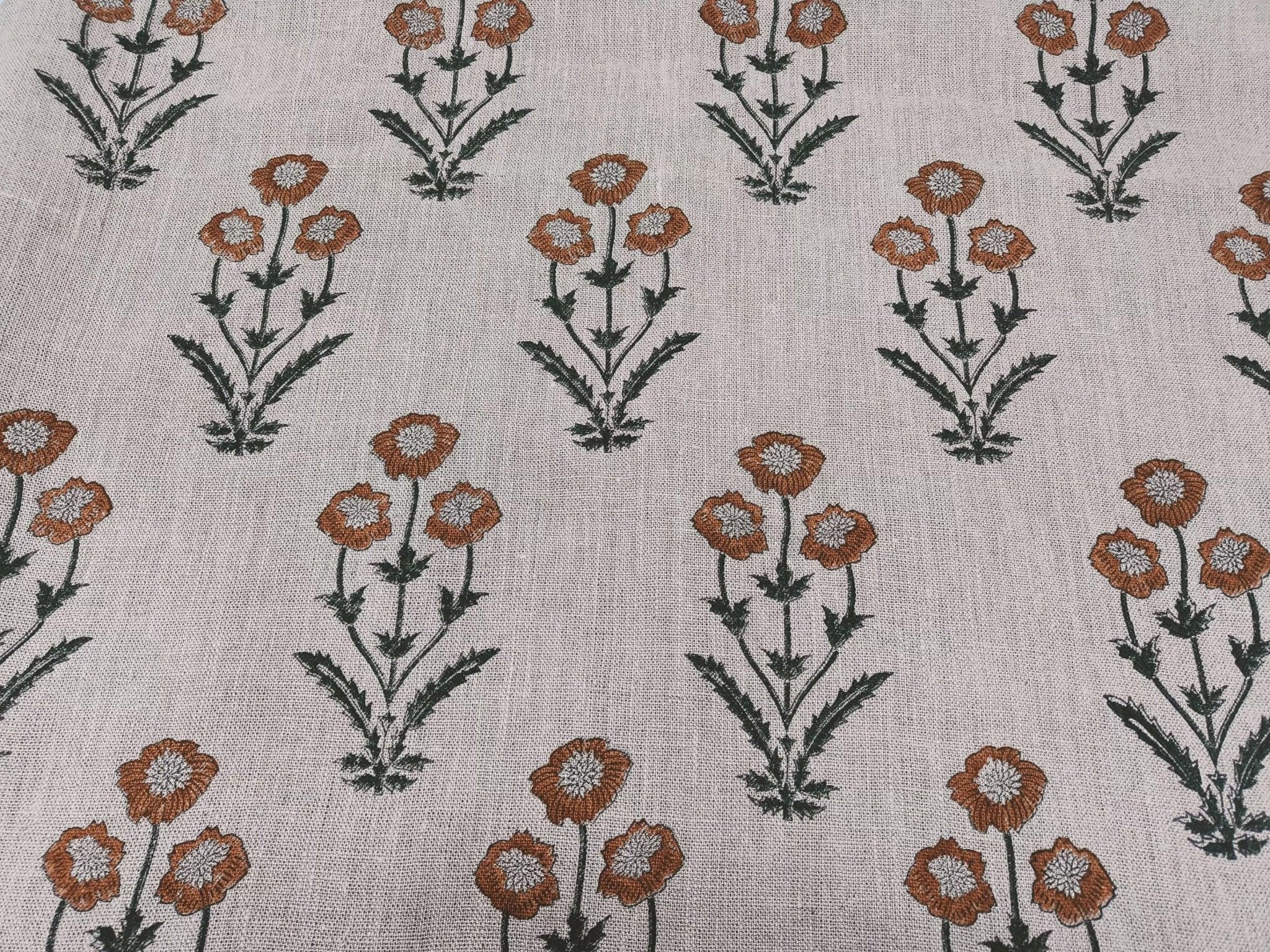 Amitabh Boota  Brown Floral Hand Block Print Linen, Designer Pillow Cushion Fabric, Modern Home Decor