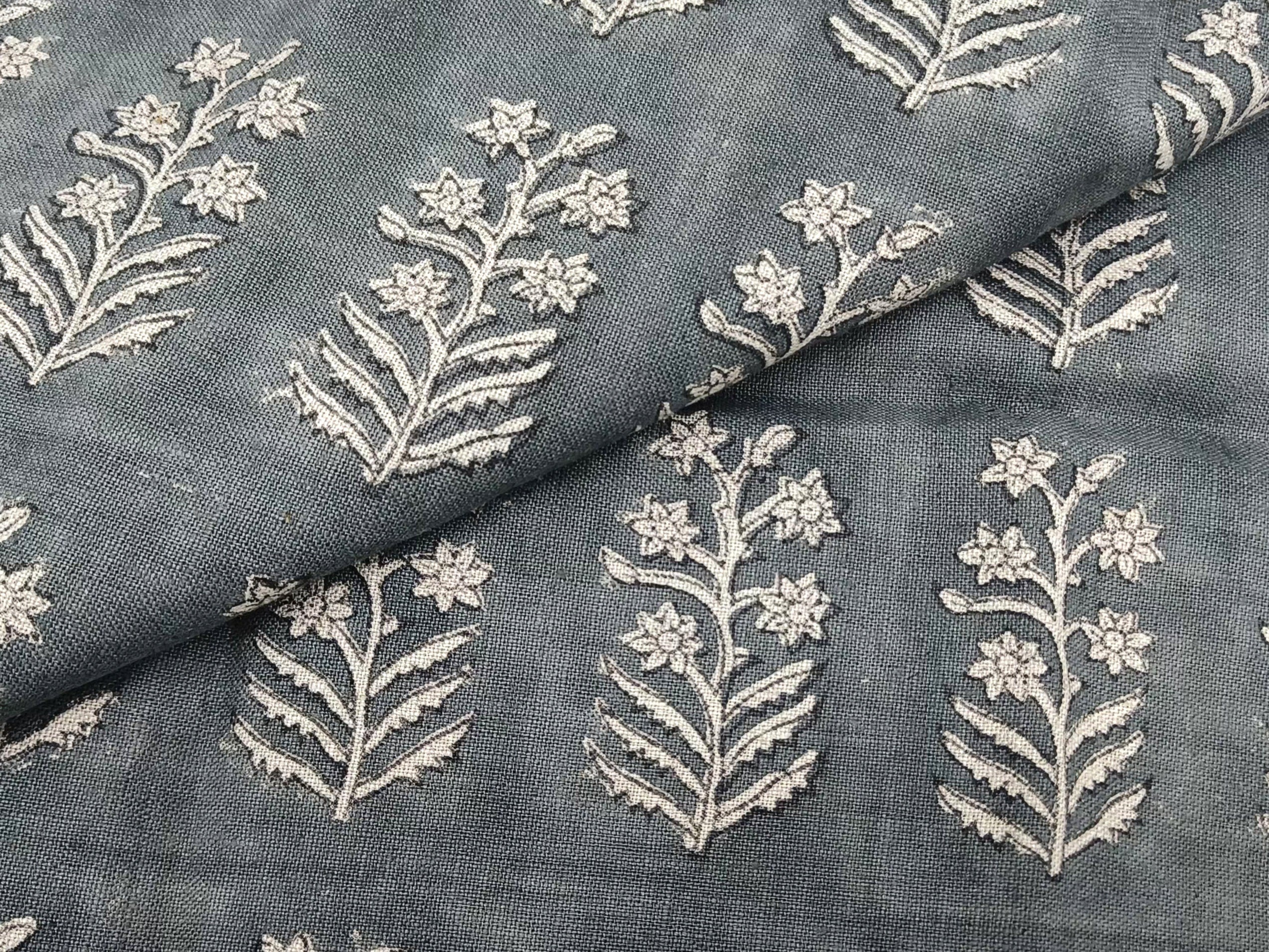 Inderdhanush Dark Grey  Pure Linen Natural Fabric With Floral Hand Block Print  Fabric By The Yard  Fabric Perfect For Upholstery,Cushion