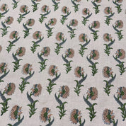 Daffodil Flower  Green Brown Floral Block Print Linen Fabric, Fabric By The Yard, Cushion Pillow, Upholstery Curtain Home Decor Fabric
