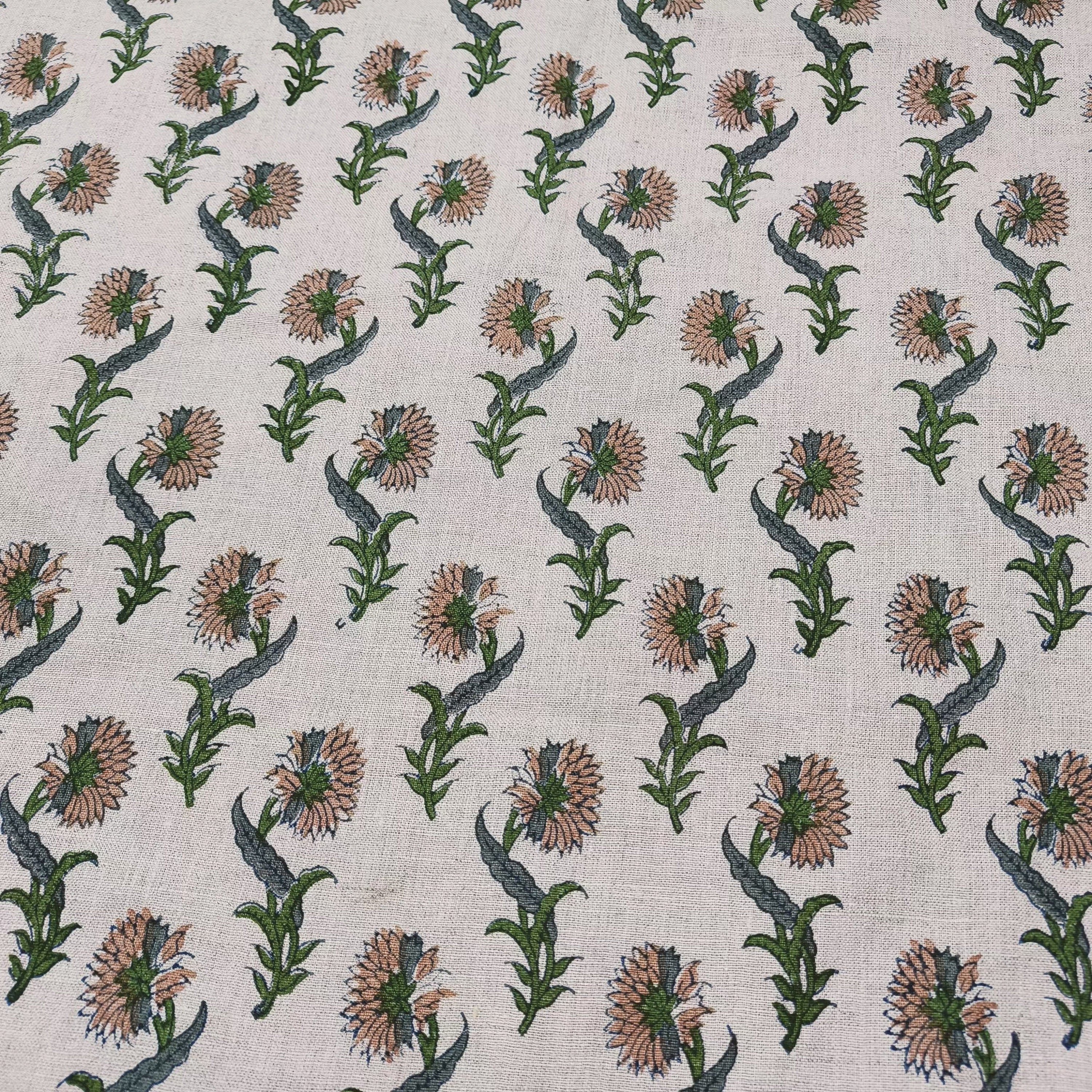 Daffodil Flower  Green Brown Floral Block Print Linen Fabric, Fabric By The Yard, Cushion Pillow, Upholstery Curtain Home Decor Fabric