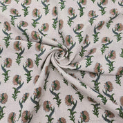 Daffodil Flower  Green Brown Floral Block Print Linen Fabric, Fabric By The Yard, Cushion Pillow, Upholstery Curtain Home Decor Fabric