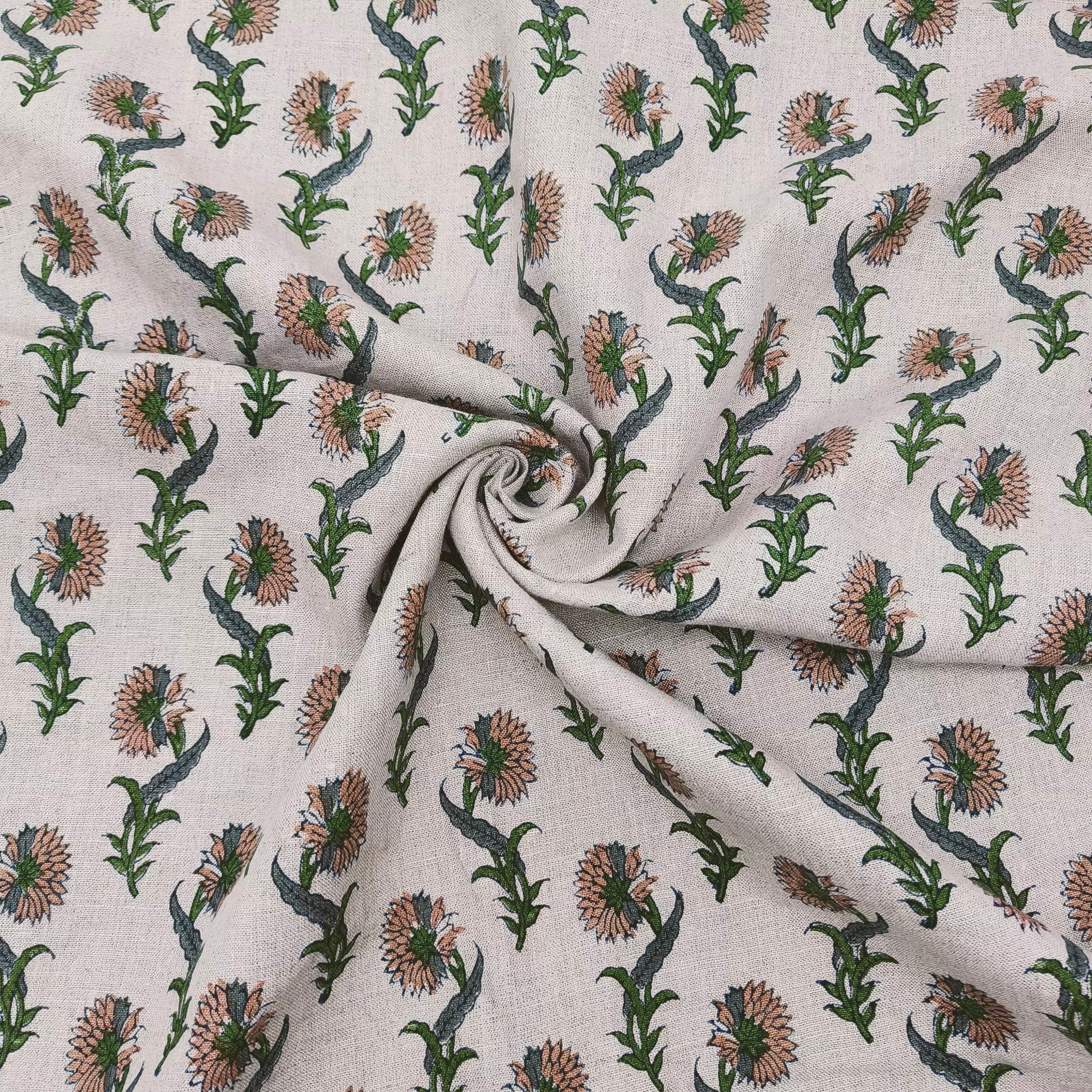Daffodil Flower  Green Brown Floral Block Print Linen Fabric, Fabric By The Yard, Cushion Pillow, Upholstery Curtain Home Decor Fabric