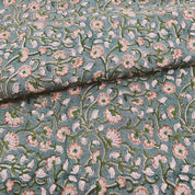 Himachal  Gray Green Floral Block Print Linen Fabric, Linen Cotton By The Yard, Cushion Pillow, Upholstery Home Decor Fabric