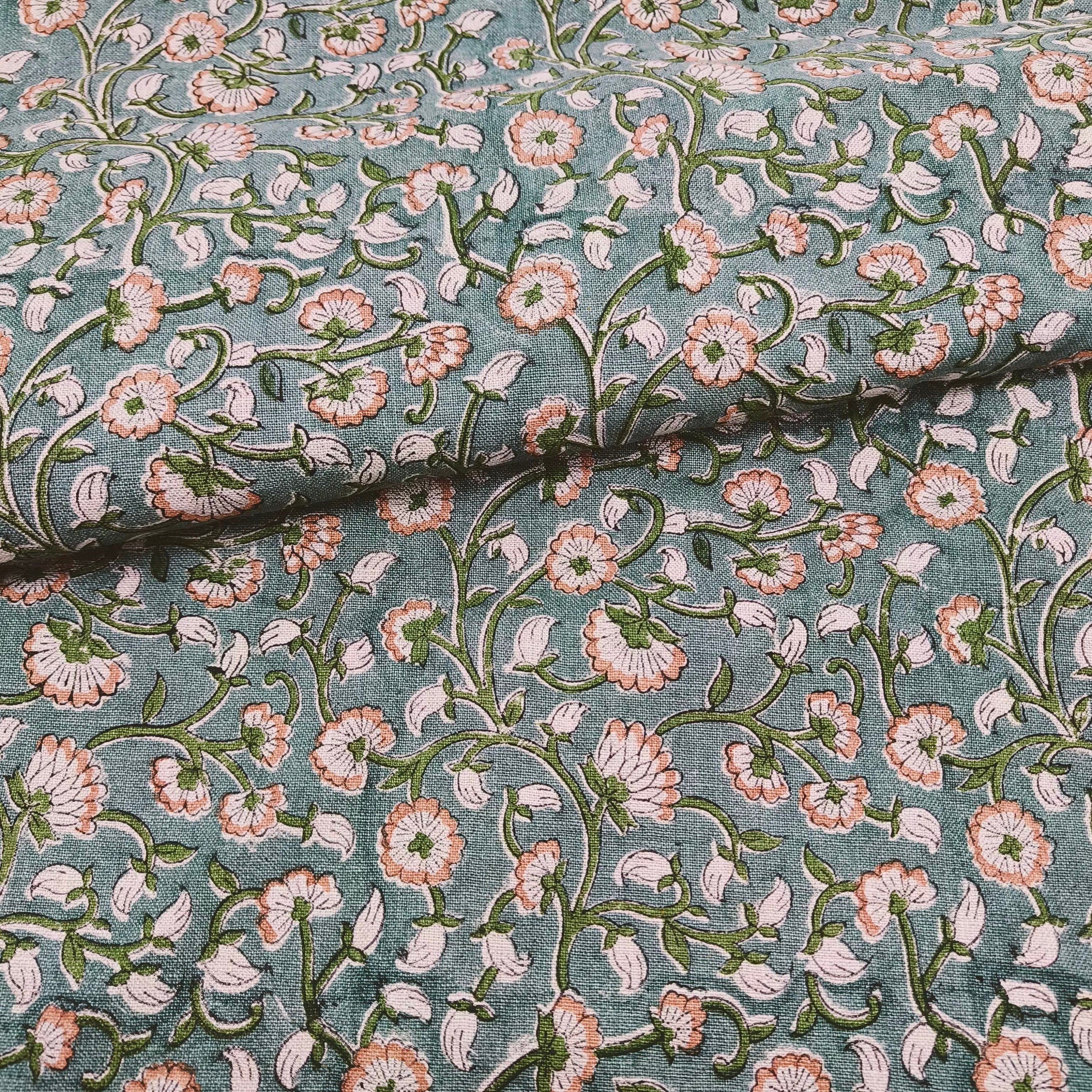 Himachal  Gray Green Floral Block Print Linen Fabric, Linen Cotton By The Yard, Cushion Pillow, Upholstery Home Decor Fabric