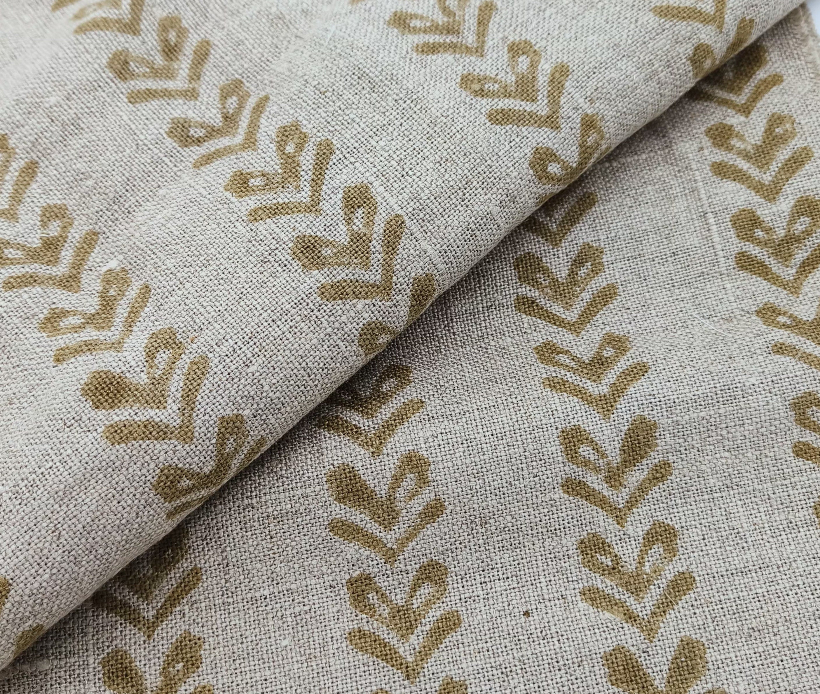 Block Print Linen Fabric, Tribal Arrow  Linen Running Fabric Mustard Color Thick Linen, Geometrical Designs, Upholstery Fabric Pure Linen Decorative Cushion Fabric