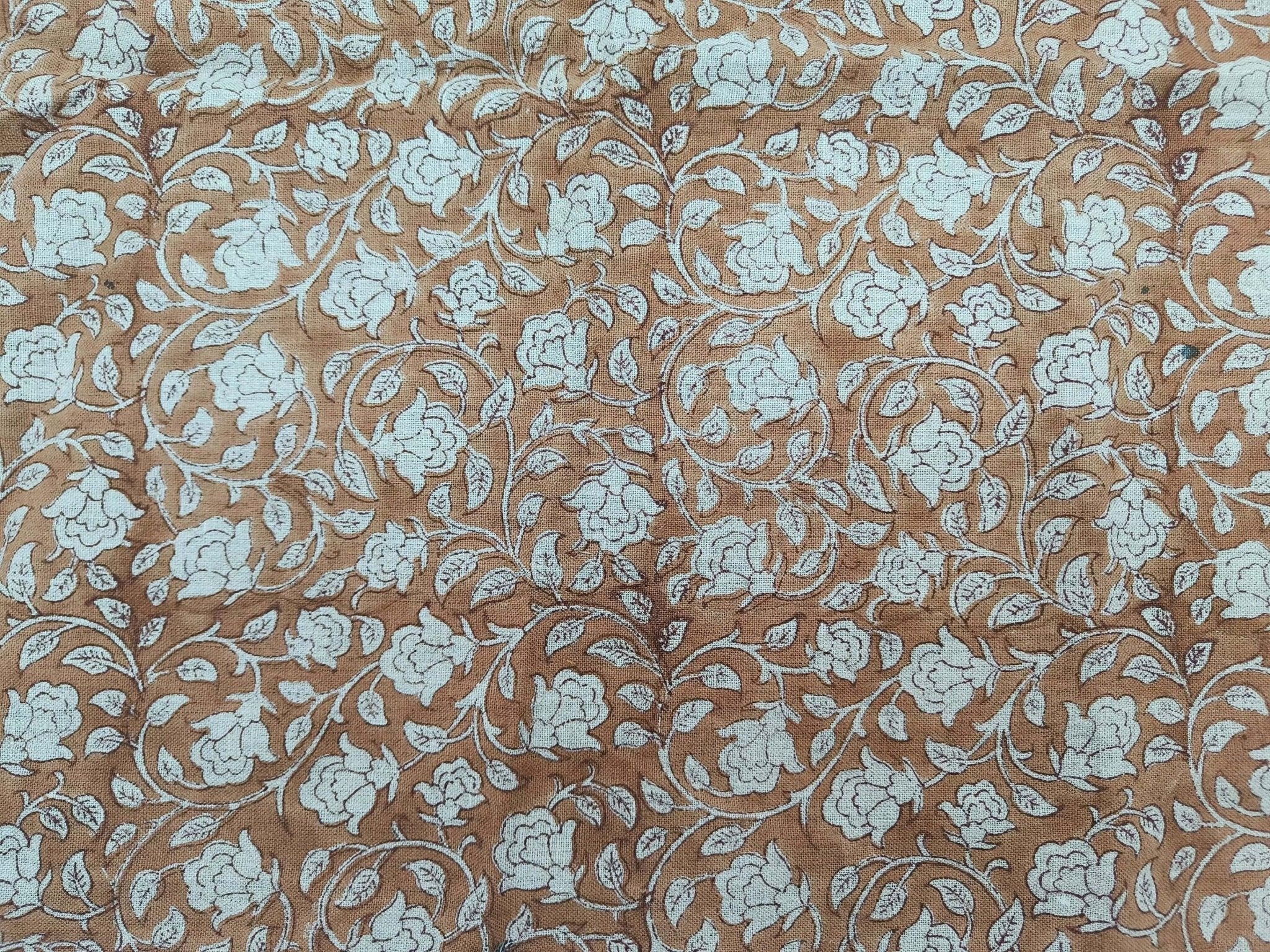 Amritvela Brown  Mini Floral Block Print  Indian Hand Block Print  Natural Pure Linen Fabric   Pillow,Cushion,Upholstery