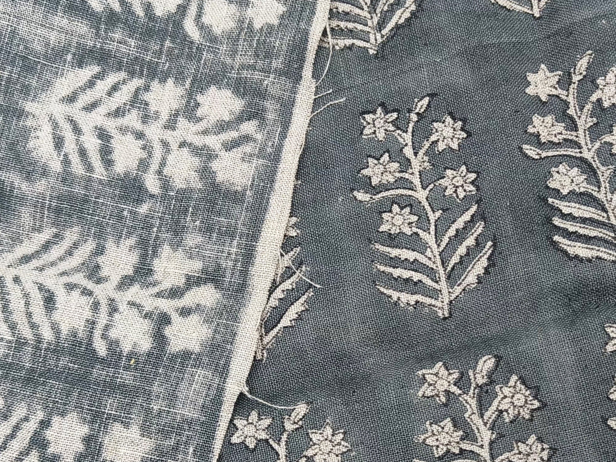 Inderdhanush Dark Grey  Pure Linen Natural Fabric With Floral Hand Block Print  Fabric By The Yard  Fabric Perfect For Upholstery,Cushion