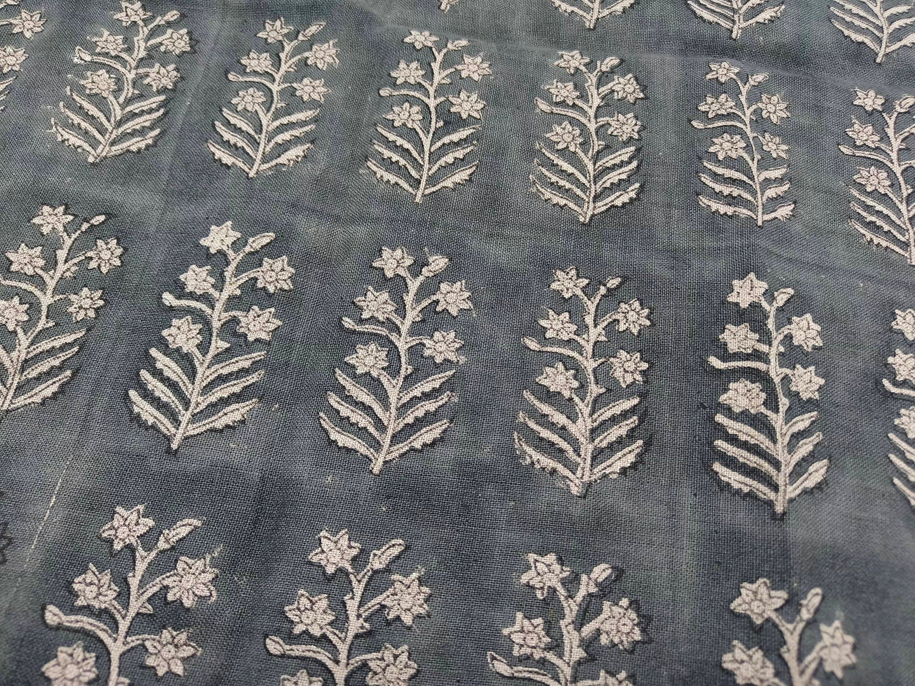 Inderdhanush Dark Grey  Pure Linen Natural Fabric With Floral Hand Block Print  Fabric By The Yard  Fabric Perfect For Upholstery,Cushion