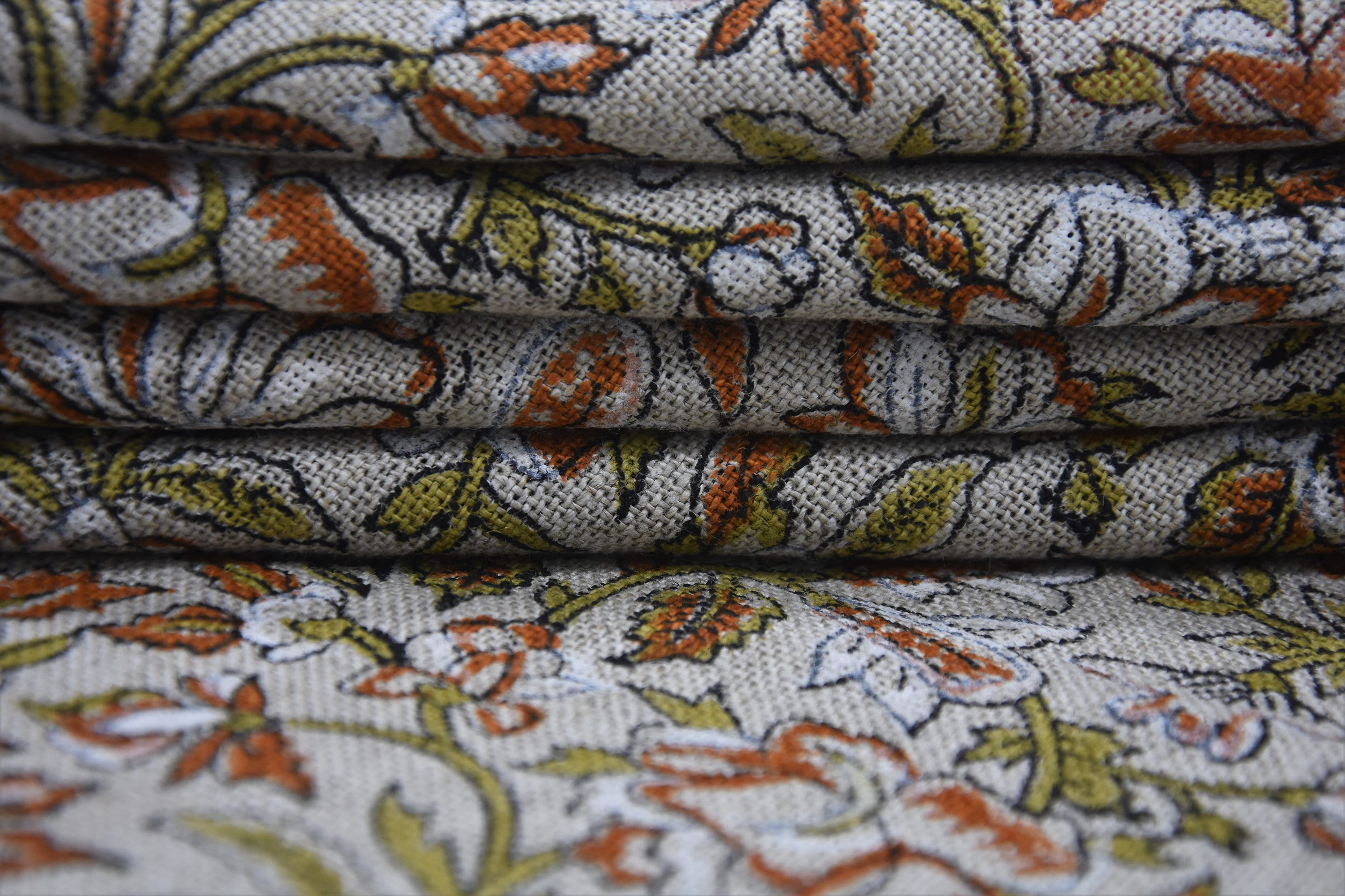 Block Print Thick Linen 58" Wide, Genuine Fabric, Curtain Cover, Beige, Rust Floral, Indian Cushion Cover - Qurbat