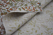 Block Print Thick Linen 58" Wide, Genuine Fabric, Curtain Cover, Beige, Rust Floral, Indian Cushion Cover - Qurbat