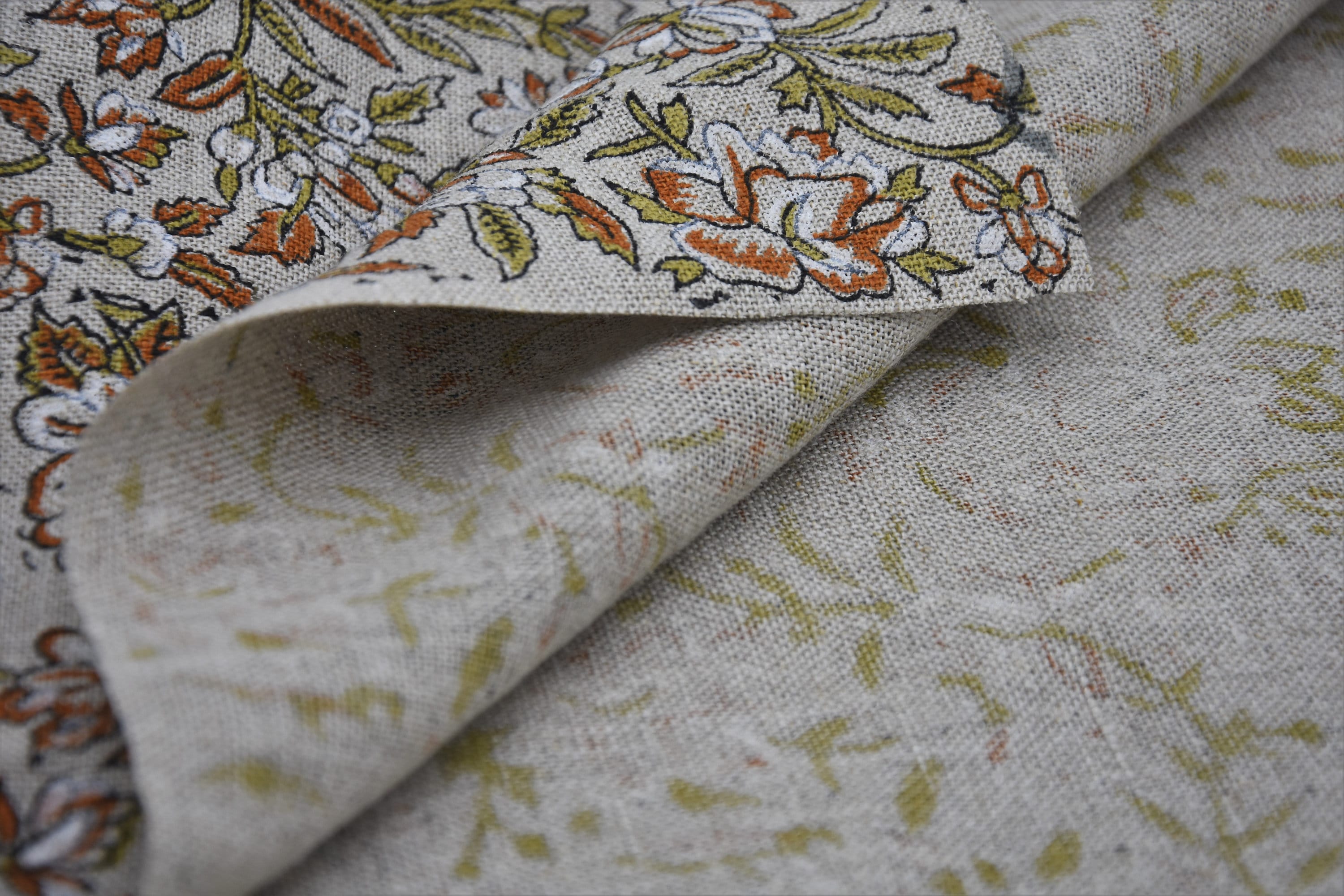 Block Print Thick Linen 58" Wide, Genuine Fabric, Curtain Cover, Beige, Rust Floral, Indian Cushion Cover - Qurbat