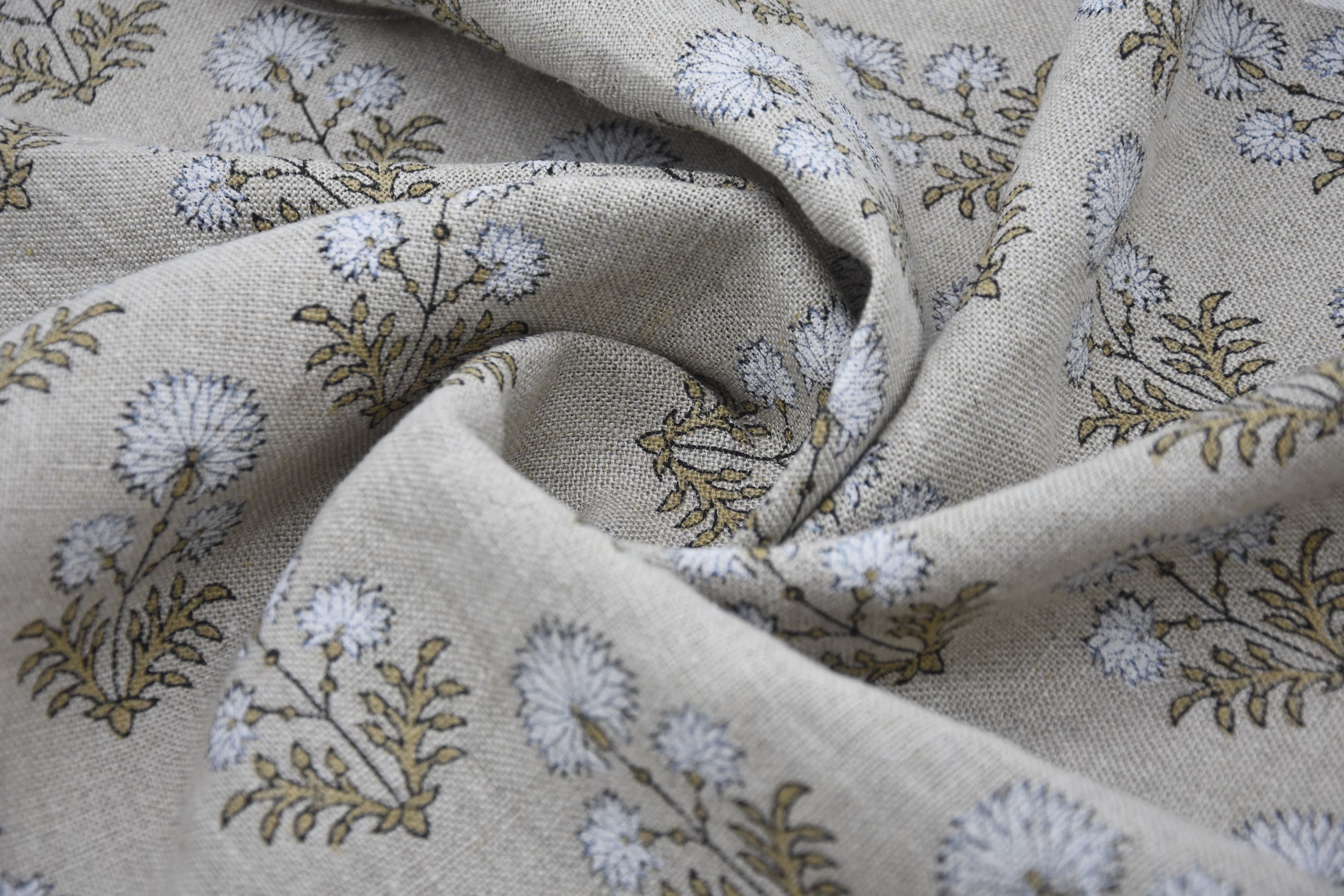 Block Print Thick Linen 58" Wide, Natural Fabric, Floral, Indian Cushion Cover, White Floral, decorative pillow - Rishi