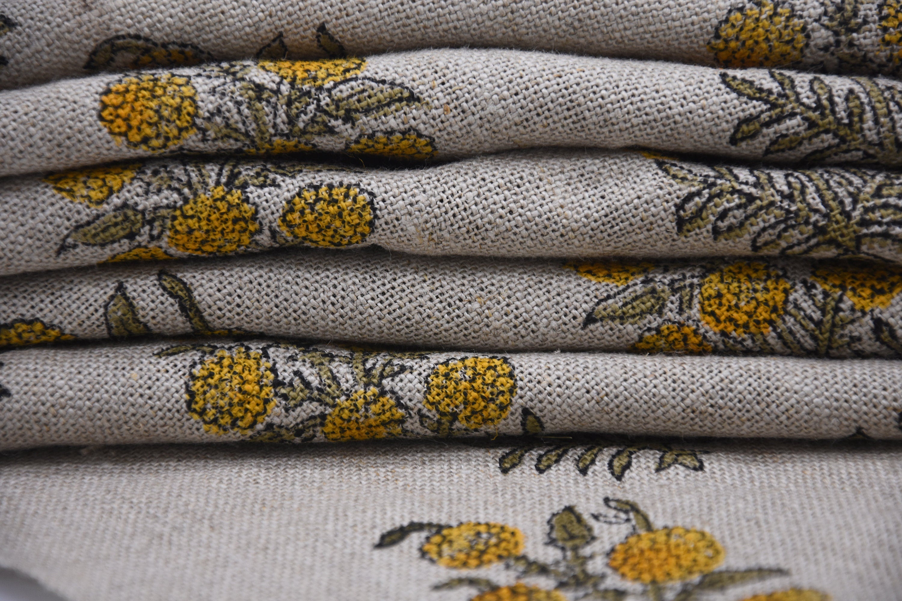 Block Print Thick Linen 58" Wide, Natural Fabric, Floral, Indian Cushion Cover, Yellow Floral, decorative pillow - Hjara