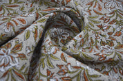 Block Print Thick Linen 58" Wide, Genuine Fabric, Curtain Cover, Beige, Rust Floral, Indian Cushion Cover - Qurbat