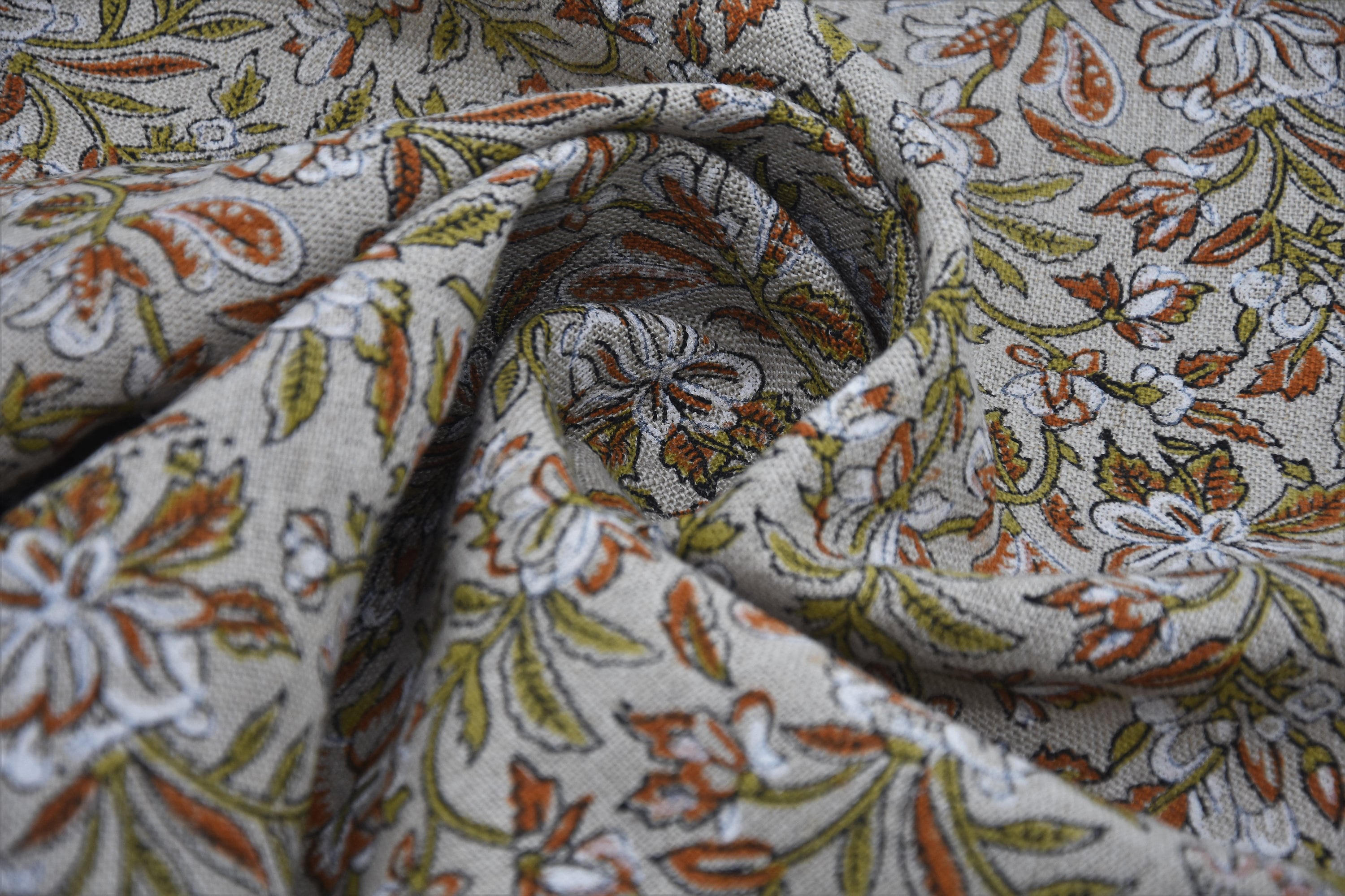 Block Print Thick Linen 58" Wide, Genuine Fabric, Curtain Cover, Beige, Rust Floral, Indian Cushion Cover - Qurbat