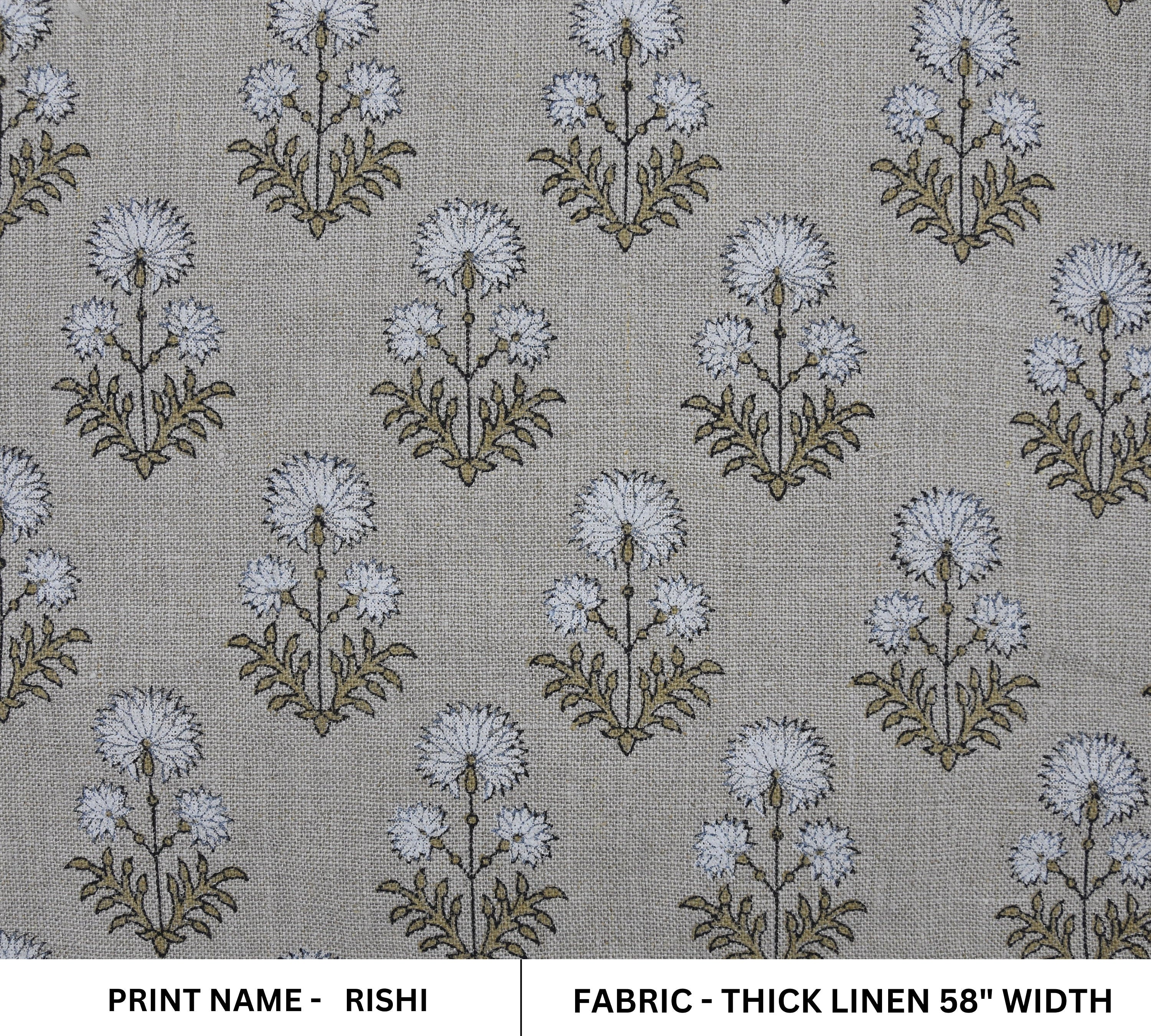 Block Print Thick Linen 58" Wide, Natural Fabric, Floral, Indian Cushion Cover, White Floral, decorative pillow - Rishi