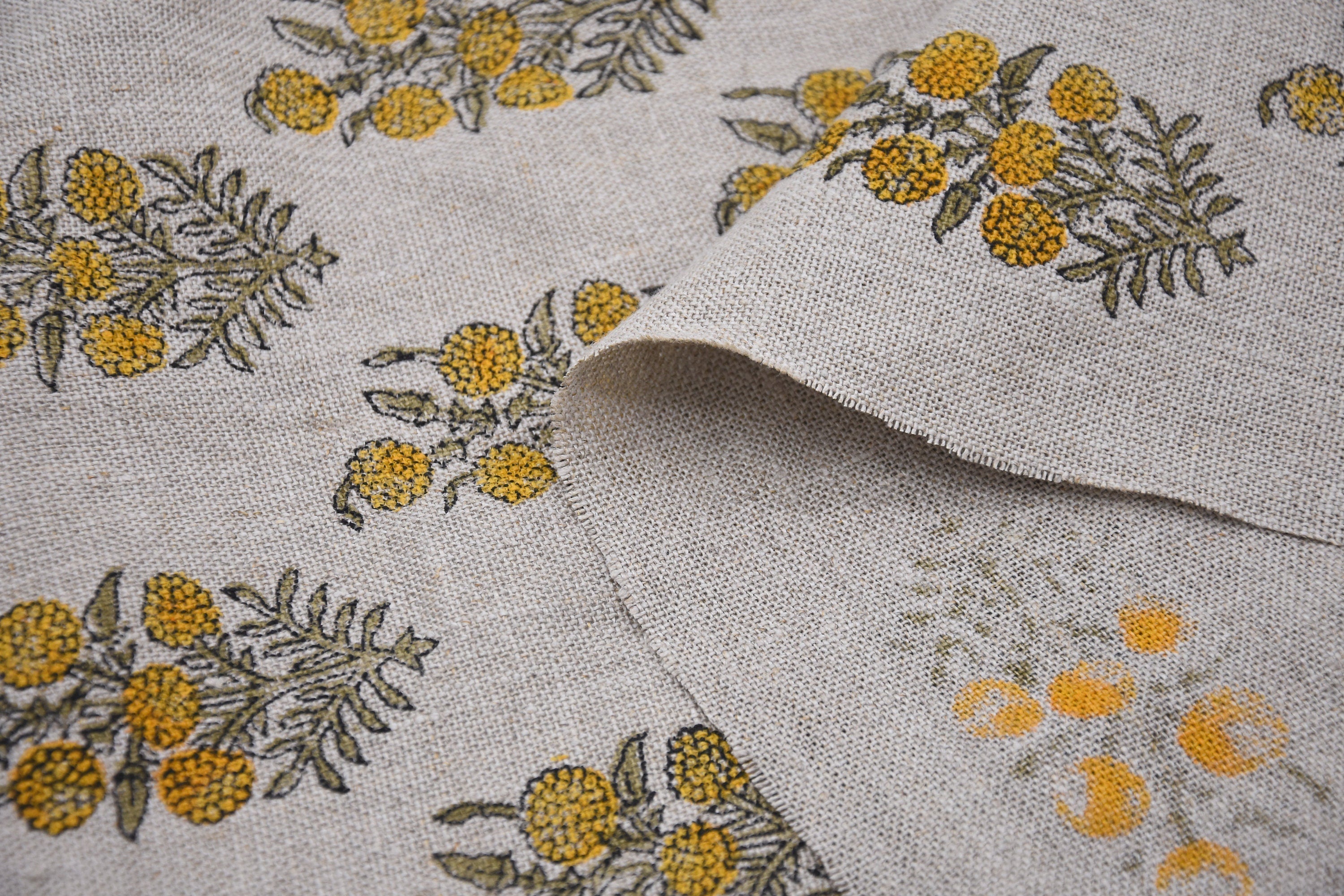 Block Print Thick Linen 58" Wide, Natural Fabric, Floral, Indian Cushion Cover, Yellow Floral, decorative pillow - Hjara