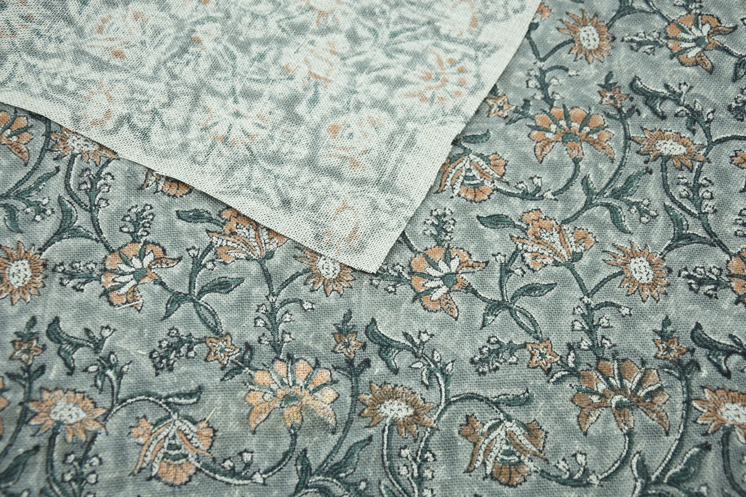 Block Print Thick Linen 58" Wide, Genuine Fabric, Curtain Cover, Beige, Parpal Floral, Indian Cushion Cover - Naayab