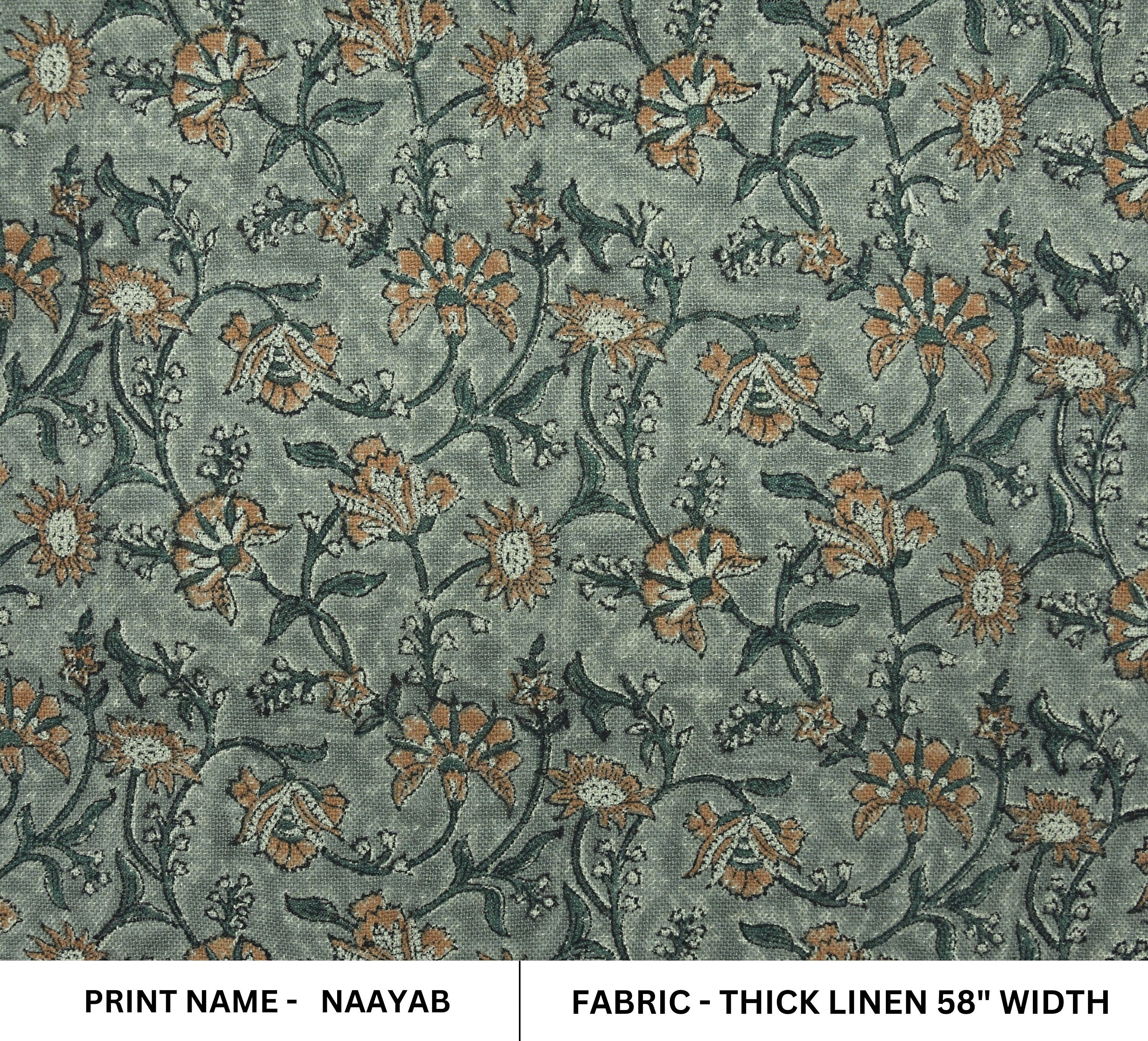 Block Print Thick Linen 58" Wide, Genuine Fabric, Curtain Cover, Beige, Parpal Floral, Indian Cushion Cover - Naayab