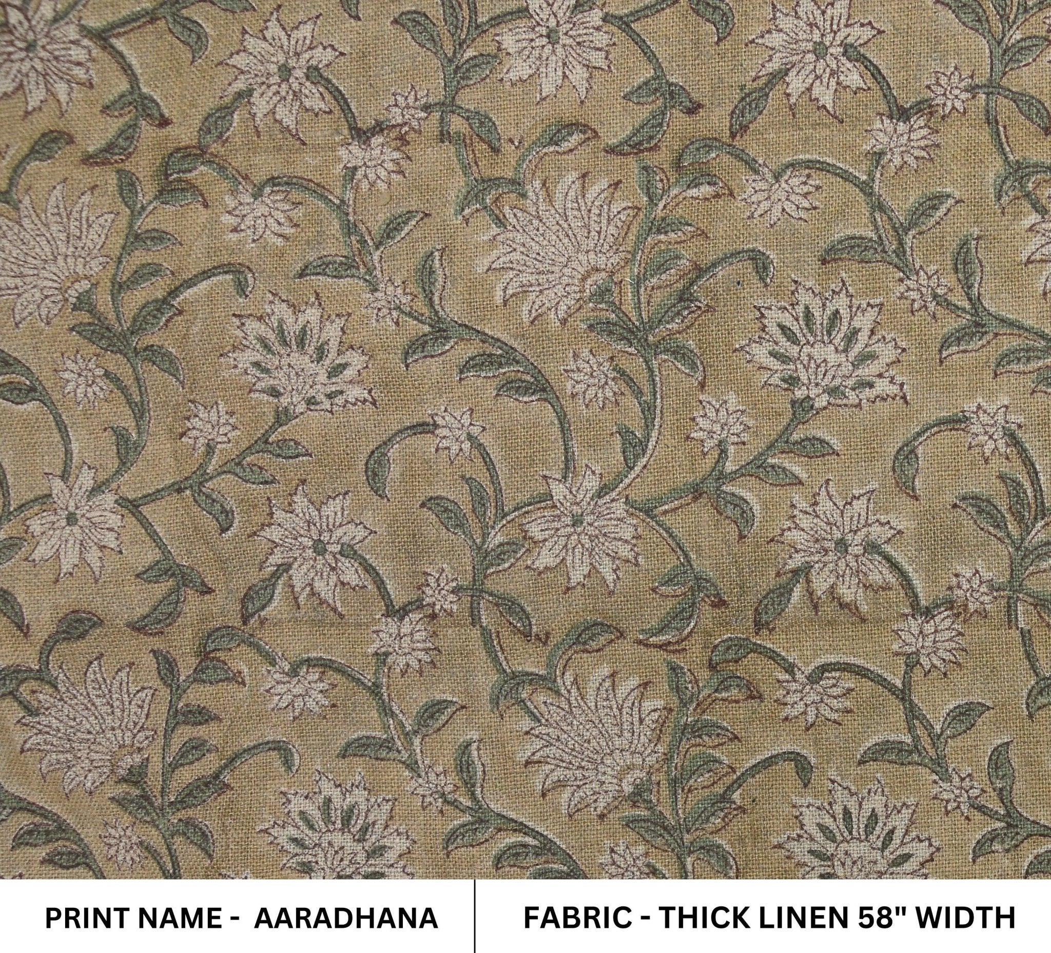 Thick Linen 58" Wide, Block Print Indian Cushion Cover, Decorative Floral Printed Curtain, Sofa and Table Cloth - AARADHANA