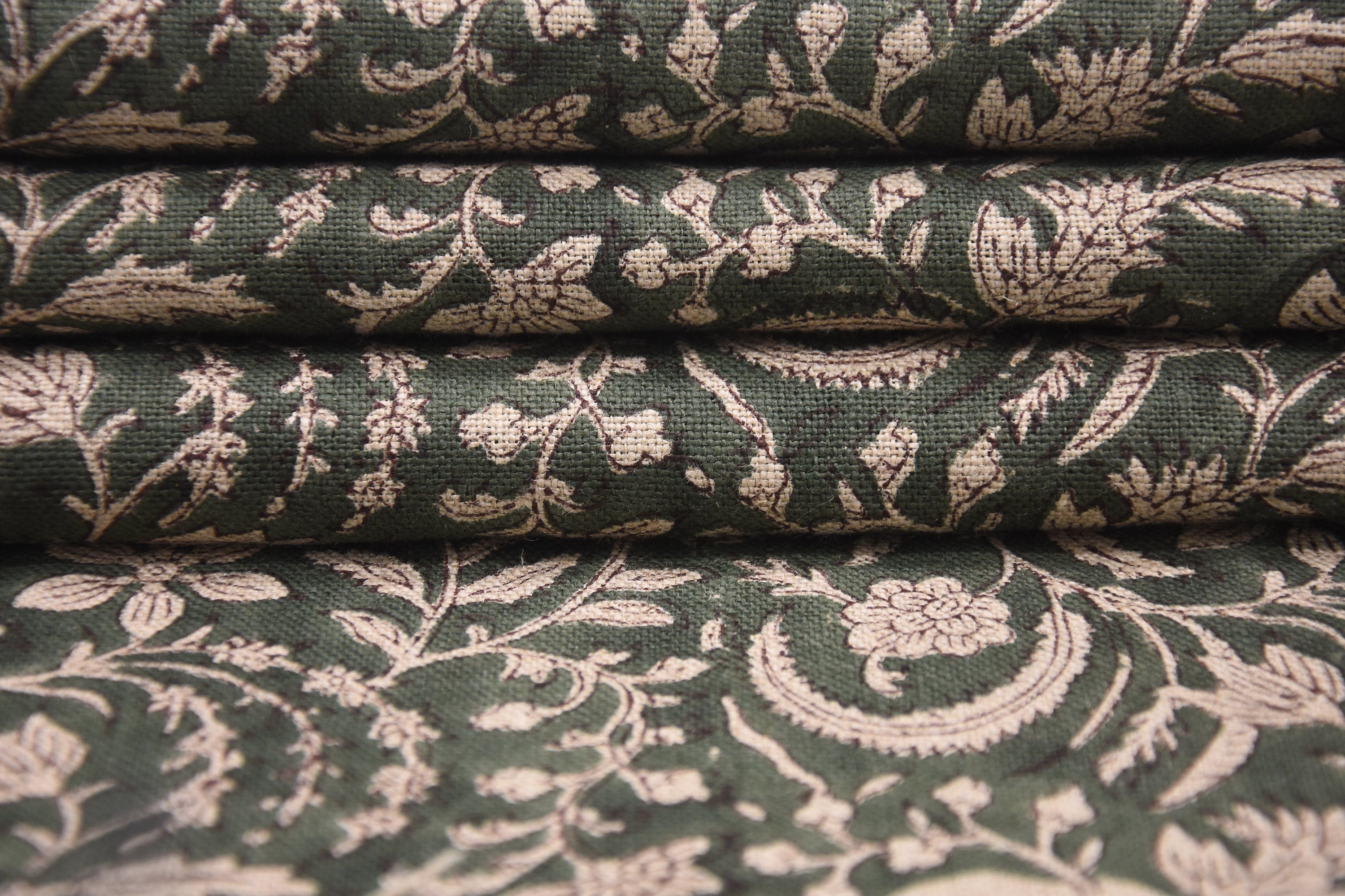 Thick Linen 58" Wide, Handmade Natural Fabric Green Floral Print, Farmhouse Decorative Pillows and Table Cloth - KUNDANVAN