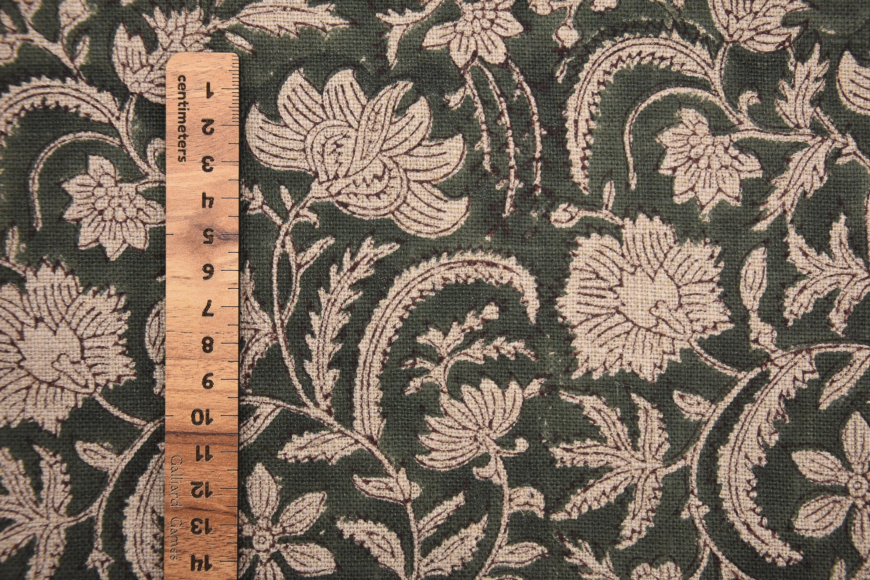 Thick Linen 58" Wide, Handmade Natural Fabric Green Floral Print, Farmhouse Decorative Pillows and Table Cloth - KUNDANVAN