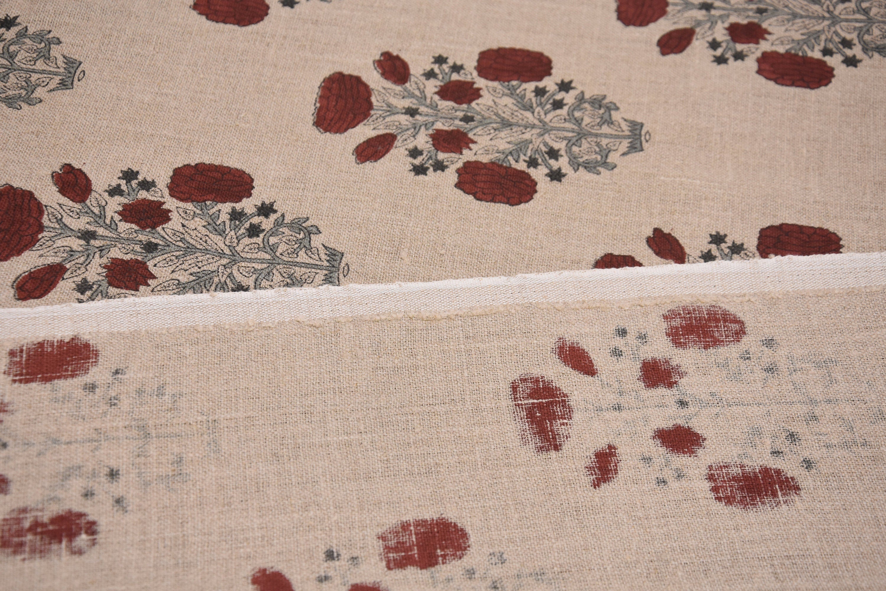 Thick Linen 58" Wide, Red Outdoor Pillow Cover, Handmade Block Print, Decorative Curtain and Table Cover - SWADESH