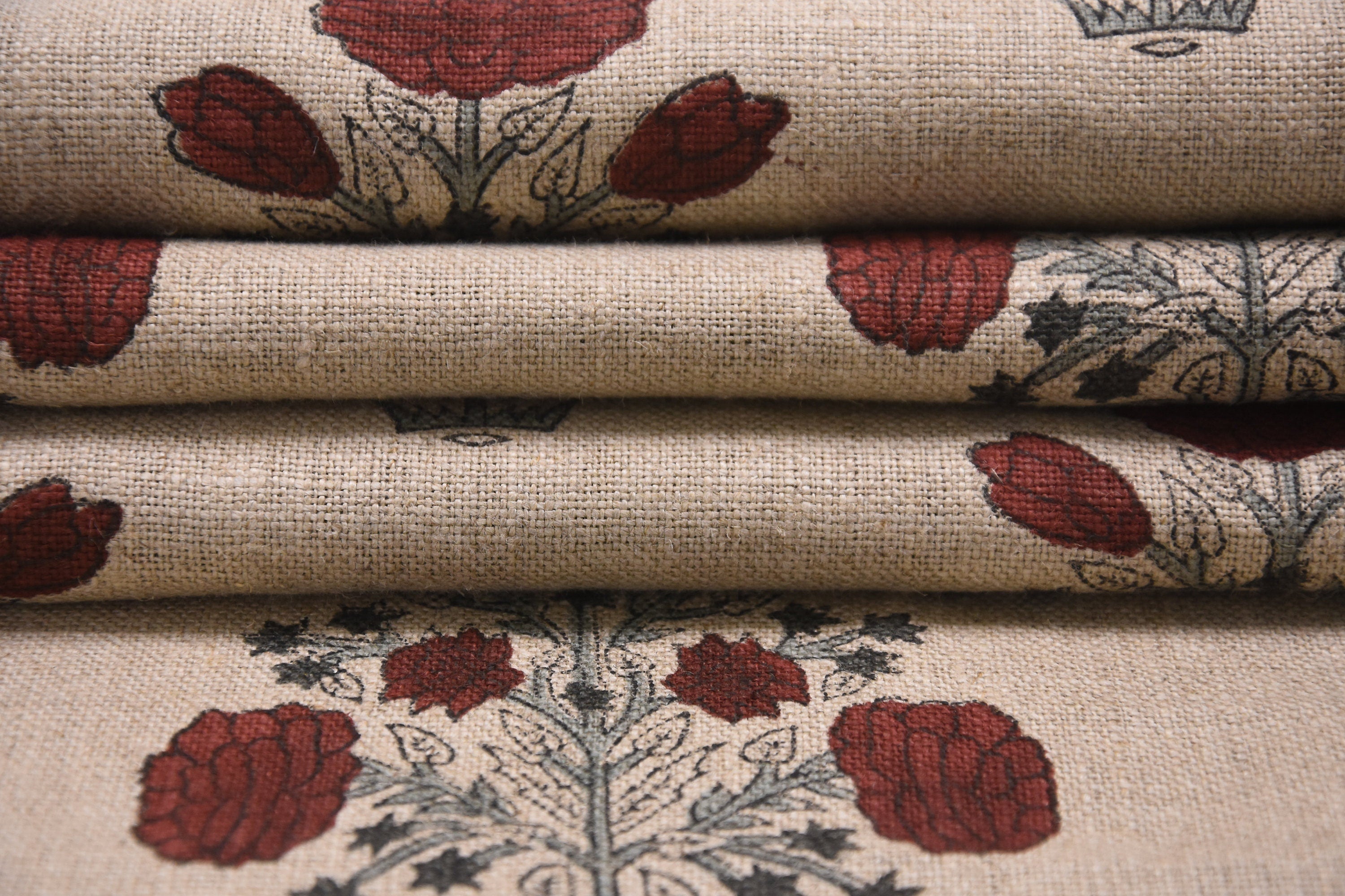 Thick Linen 58" Wide, Red Outdoor Pillow Cover, Handmade Block Print, Decorative Curtain and Table Cover - SWADESH