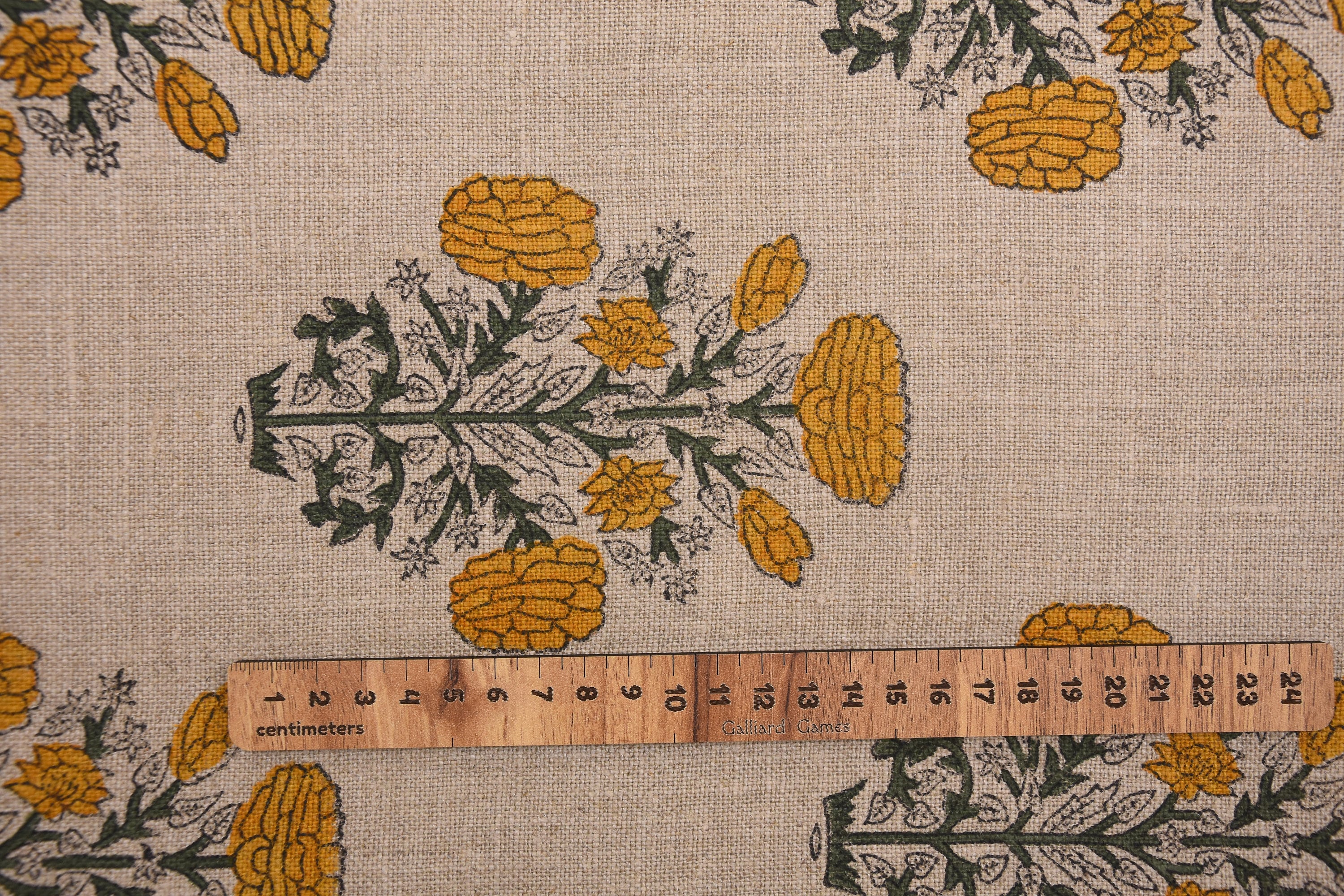 Indian hand block, thick linen 58" wide, hand made mustard floral print, upholstery curtain, table and sofa cover - SWADESH