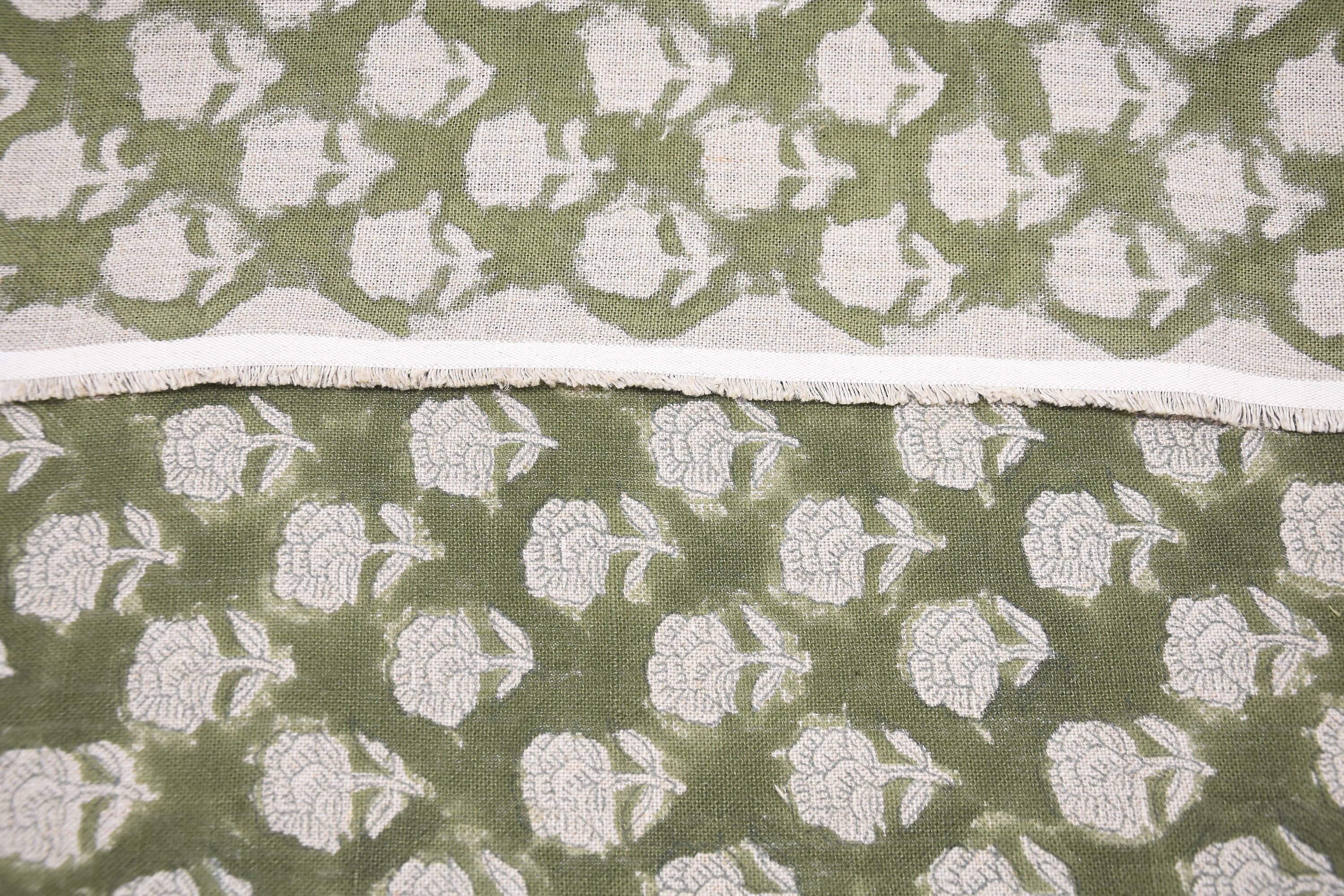 Thick linen 58" Wide, Green Rose Floral Hand block Linen Pillow Cover, Indian Upholstery Fabric Cushion Cover - Rohini