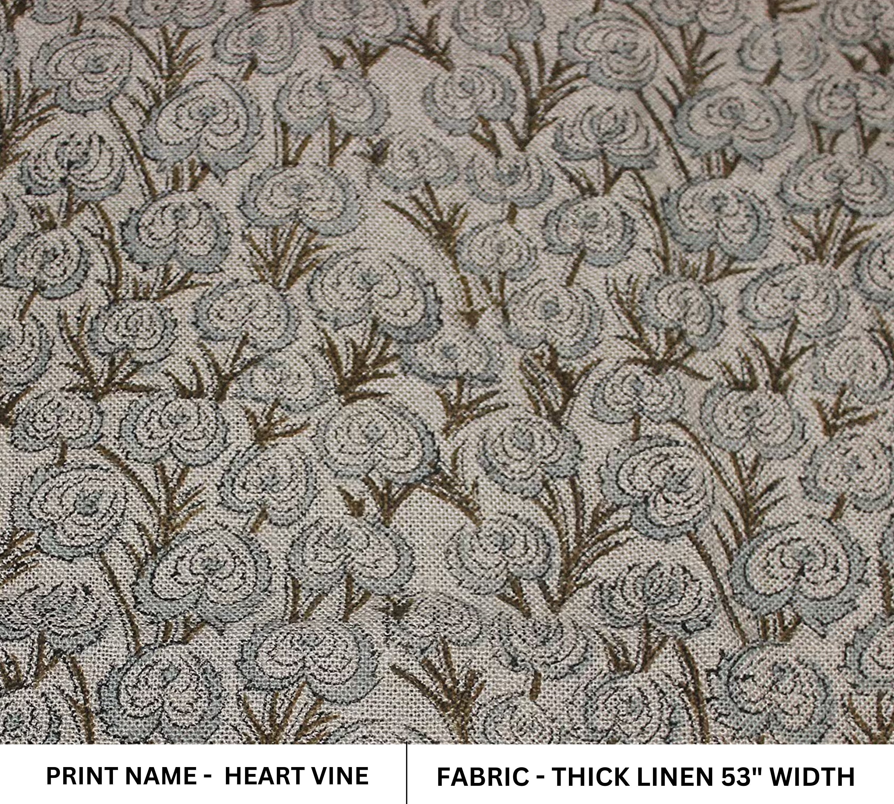 HAND BLOCK PRINTED HEART VINE FLORAL FABRIC – BROWN & SILVER ON THICK LINEN ELEGANT