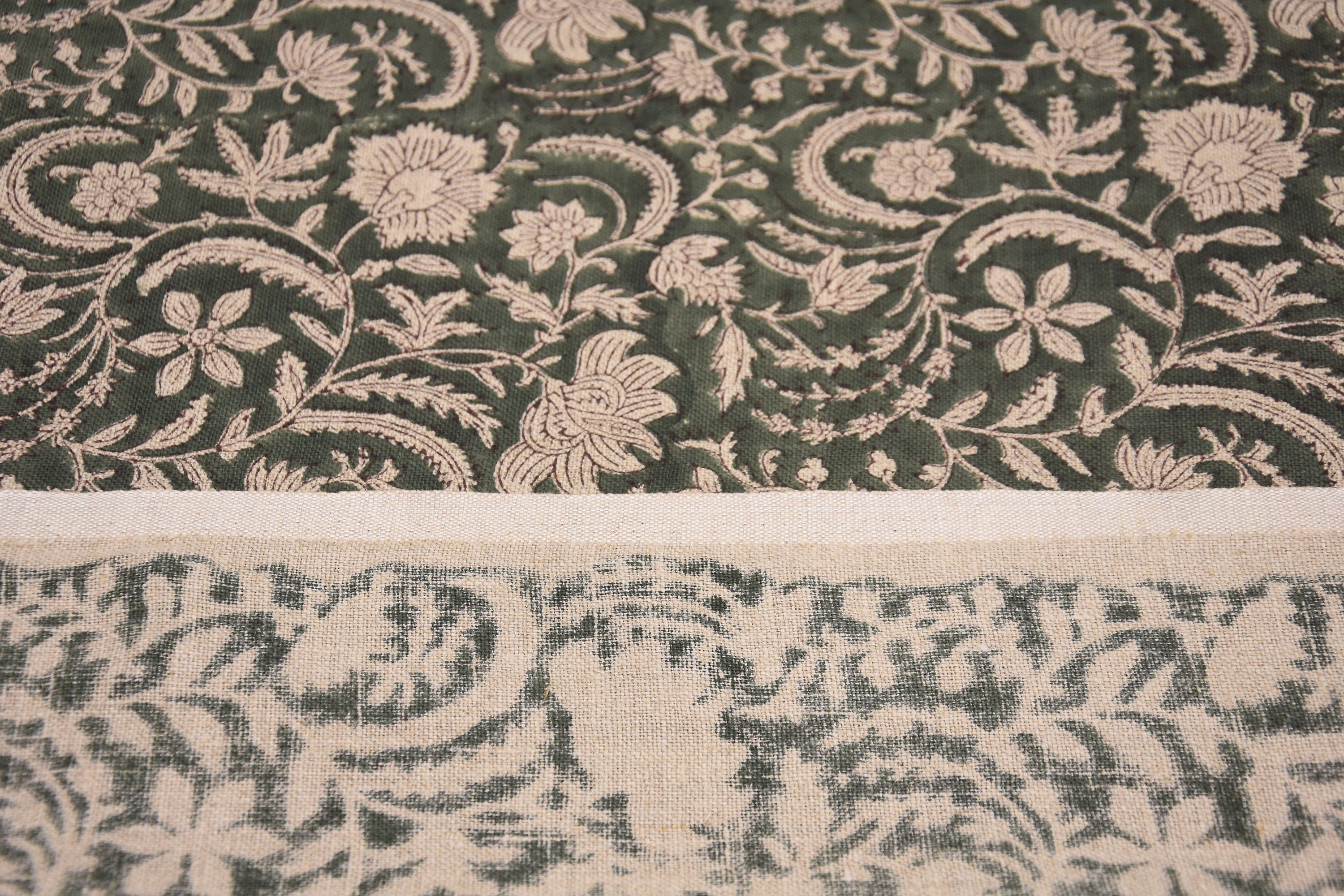 Thick Linen 58" Wide, Handmade Natural Fabric Green Floral Print, Farmhouse Decorative Pillows and Table Cloth - KUNDANVAN